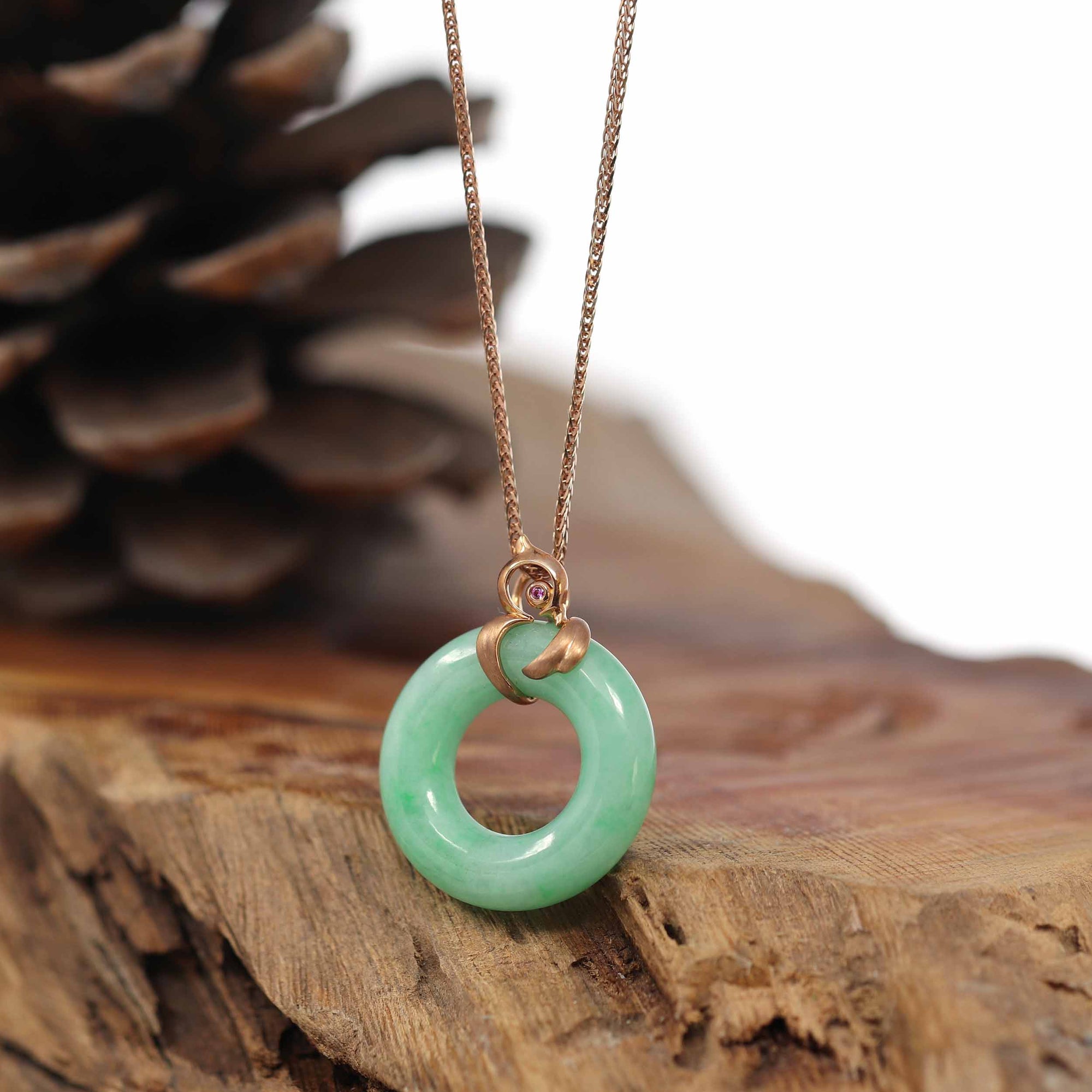 Baikalla Jewelry 18k Gold Jadeite Necklace Baikalla™ "Good Luck Birdie" 18k Rose Gold Genuine Burmese Jadeite Lucky Kou Kou Pendant Necklace With Ruby