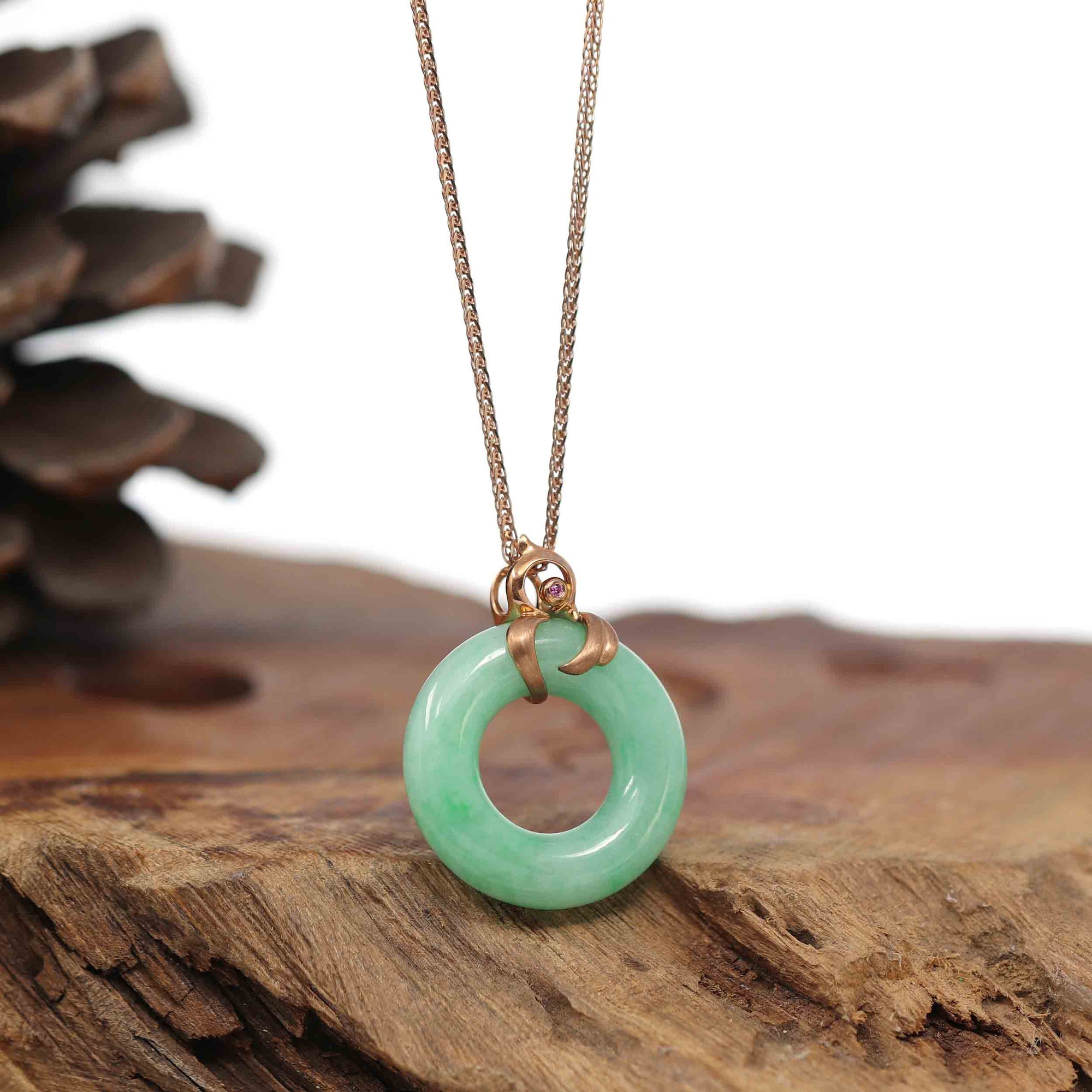 Baikalla Jewelry 18k Gold Jadeite Necklace Baikalla™ &quot;Good Luck Birdie&quot; 18k Rose Gold Genuine Burmese Jadeite Lucky Kou Kou Pendant Necklace With Ruby