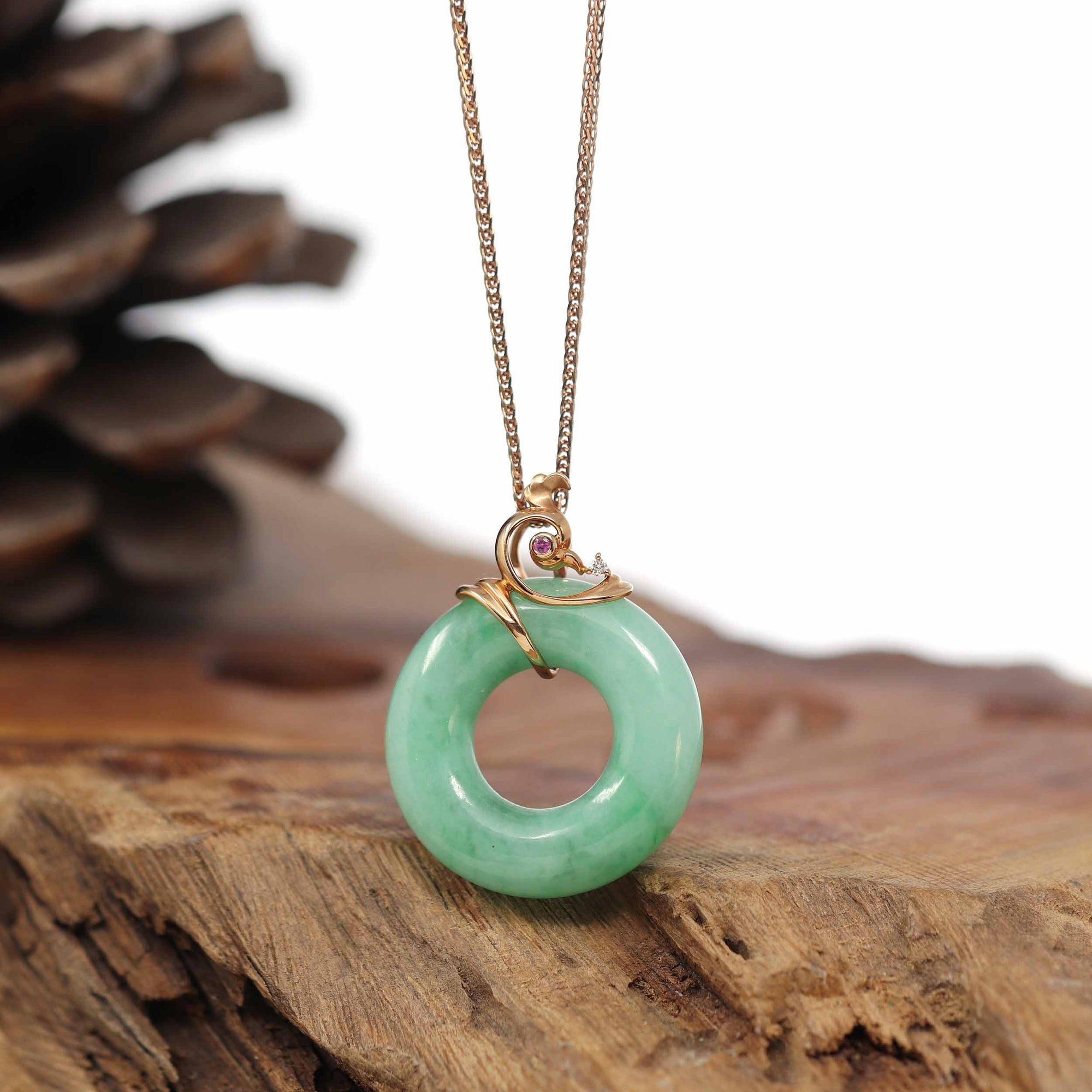 Baikalla Jewelry 18k Gold Jadeite Necklace Baikalla™ "Good Luck Birdie" 18k Rose Gold Genuine Burmese Jadeite Lucky Kou Kou Pendant Necklace With Ruby and Diamond