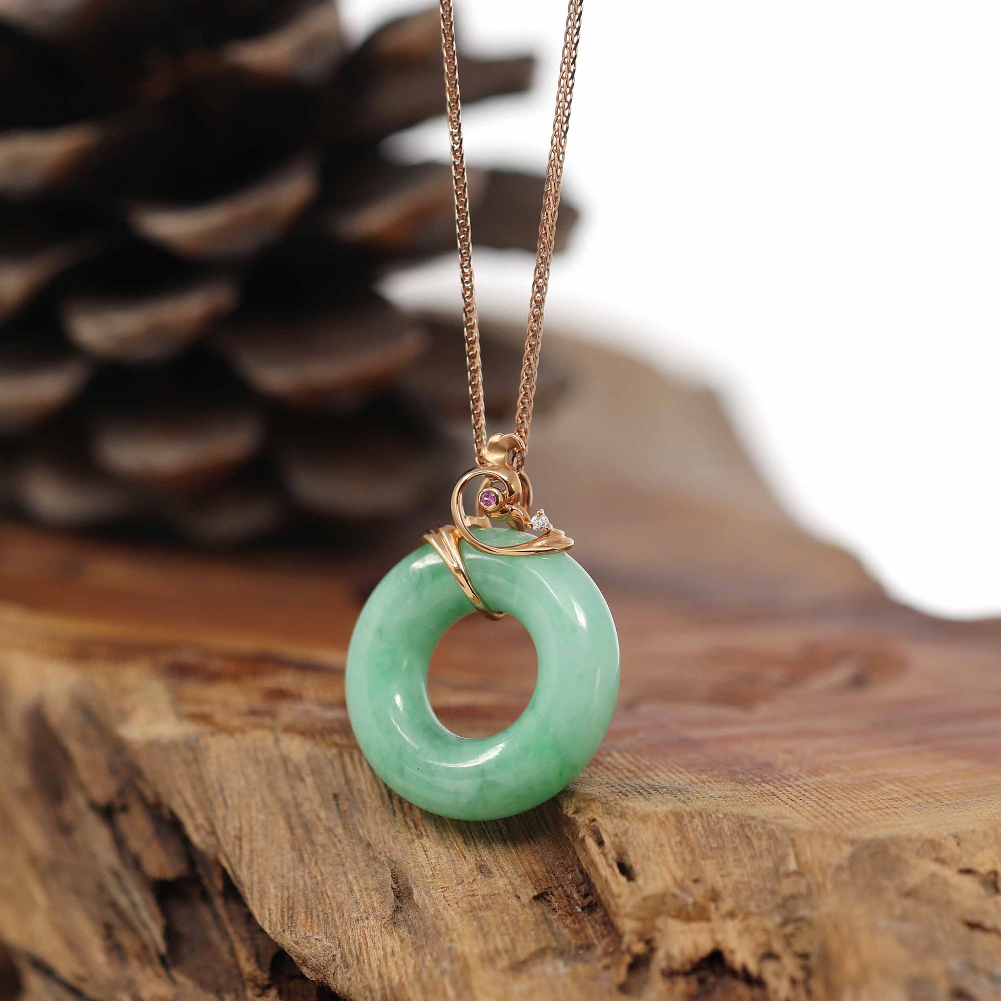 Baikalla Jewelry 18k Gold Jadeite Necklace Pendant Only Baikalla™ "Good Luck Birdie" 18k Rose Gold Genuine Burmese Jadeite Lucky Kou Kou Pendant Necklace With Ruby and Diamond