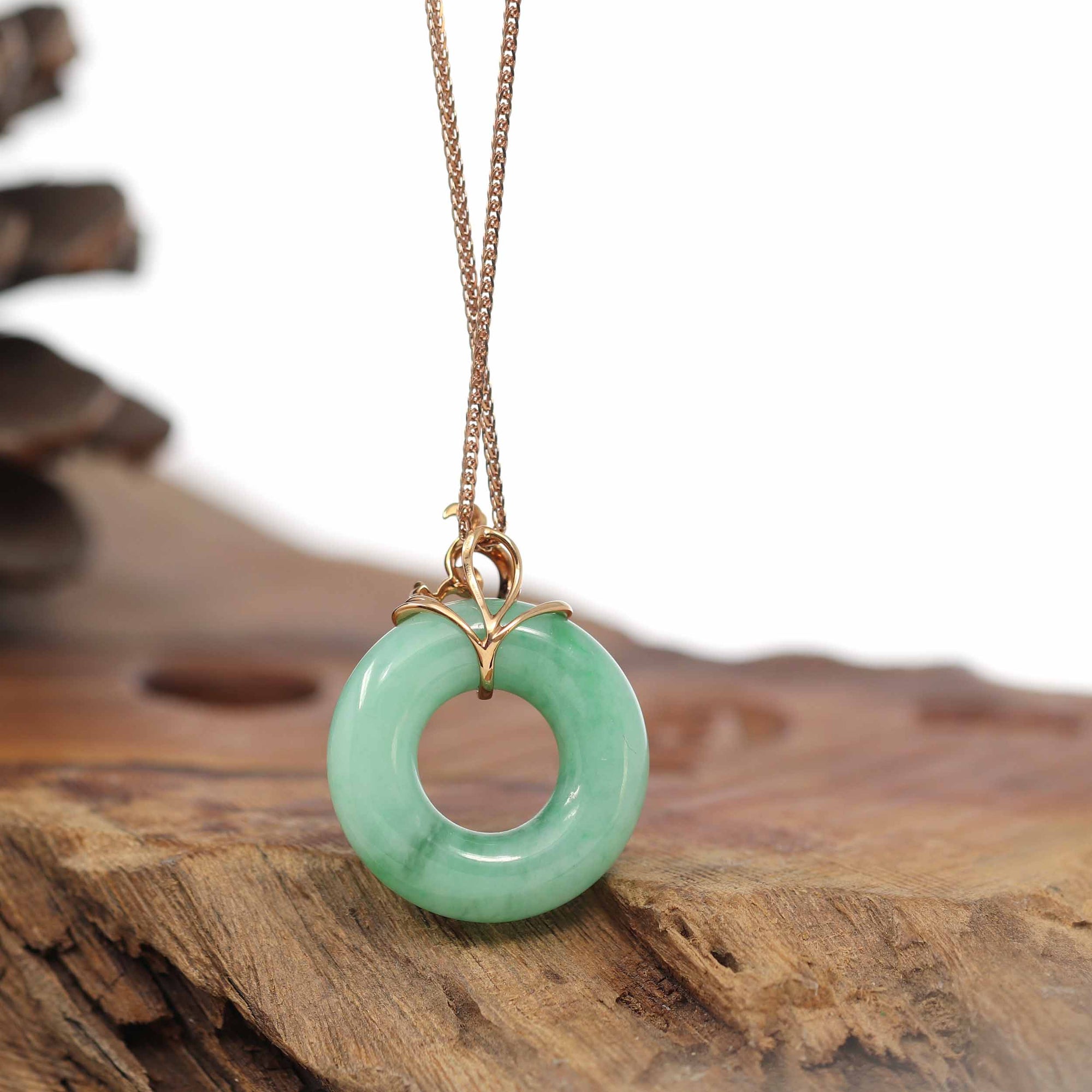 Baikalla Jewelry 18k Gold Jadeite Necklace Baikalla™ "Good Luck Birdie" 18k Rose Gold Genuine Burmese Jadeite Lucky Kou Kou Pendant Necklace With Ruby and Diamond