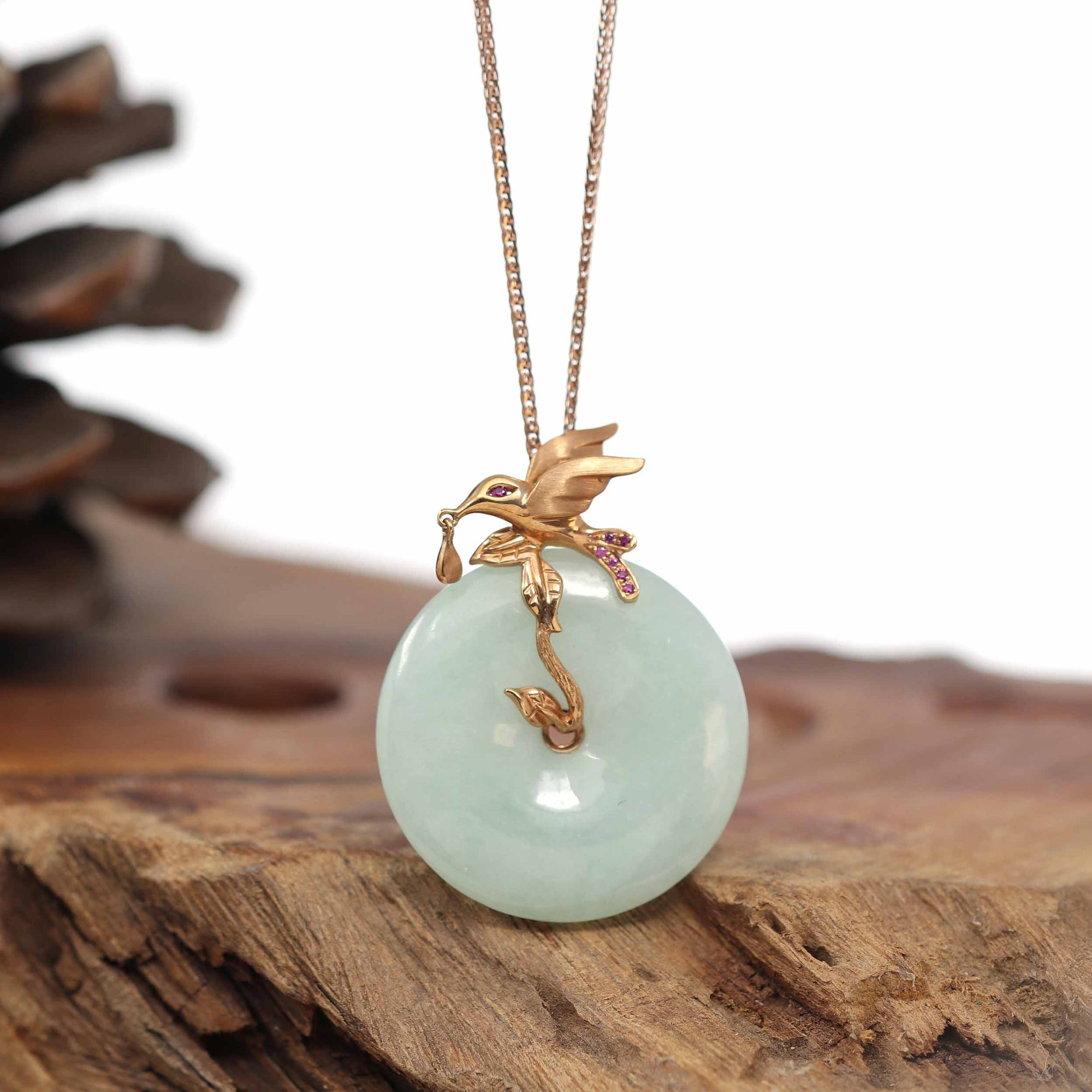 Baikalla Jewelry 18k Gold Jadeite Necklace Pendant Only Baikalla™ "Good Luck Birdie" 18k Rose Gold Genuine Burmese Jadeite Lucky Kou Kou Pendant Necklace With Ruby