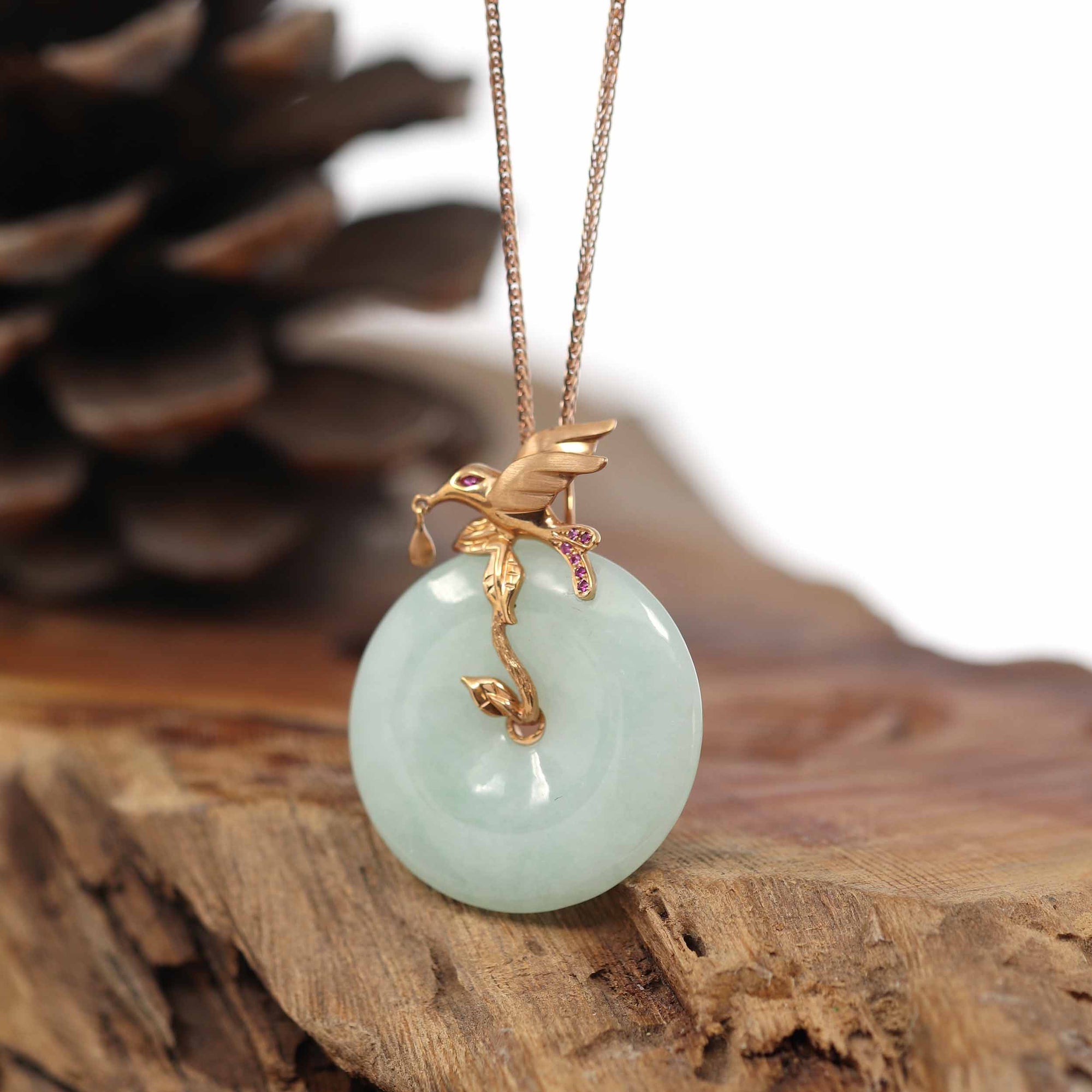 Baikalla Jewelry 18k Gold Jadeite Necklace Baikalla™ "Good Luck Birdie" 18k Rose Gold Genuine Burmese Jadeite Lucky Kou Kou Pendant Necklace With Ruby