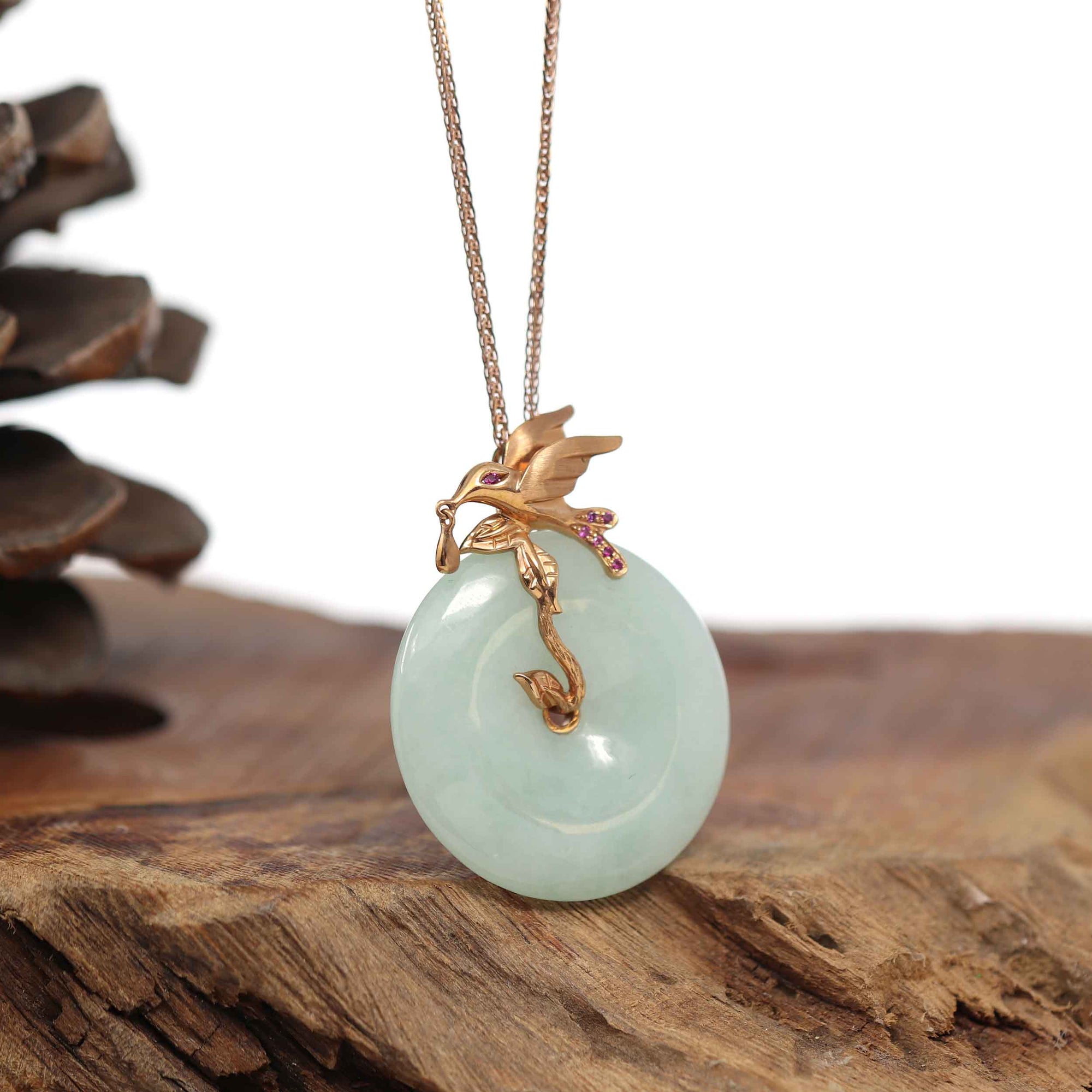 Baikalla Jewelry 18k Gold Jadeite Necklace Baikalla™ "Good Luck Birdie" 18k Rose Gold Genuine Burmese Jadeite Lucky Kou Kou Pendant Necklace With Ruby