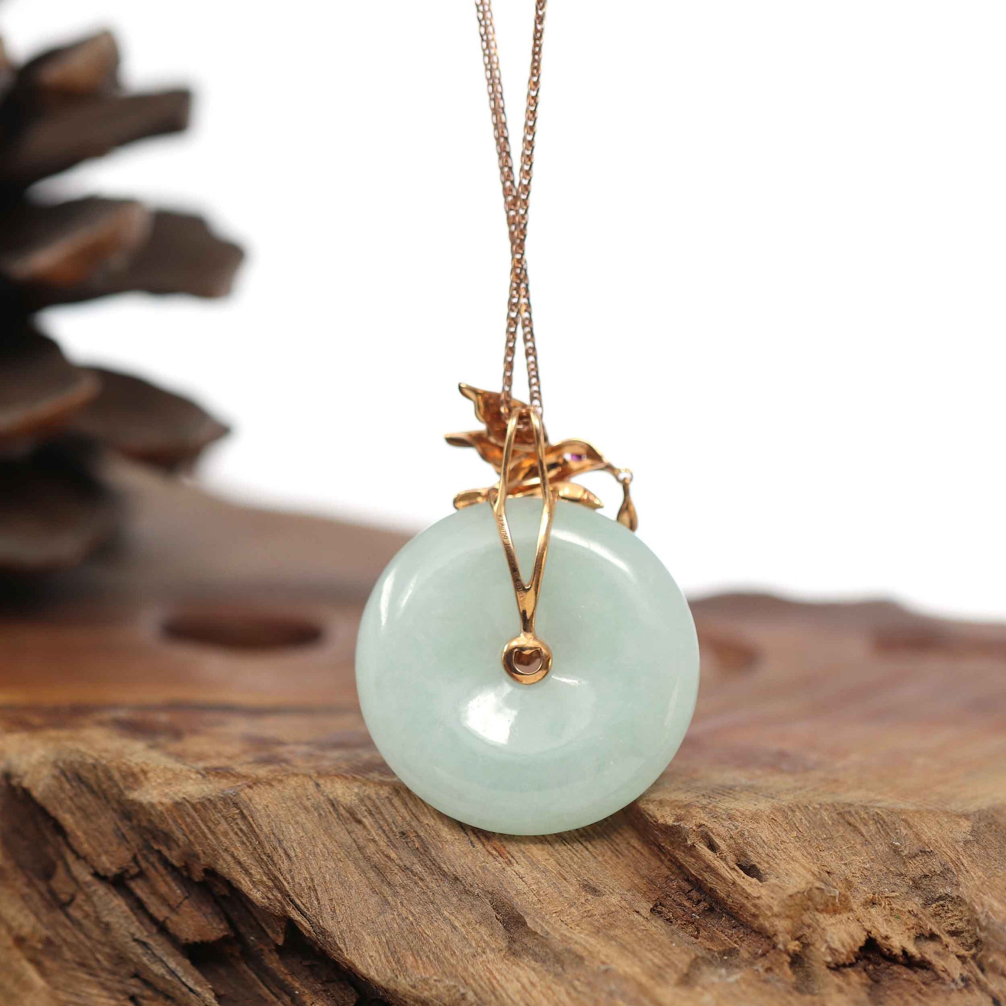 Baikalla Jewelry 18k Gold Jadeite Necklace Baikalla™ "Good Luck Birdie" 18k Rose Gold Genuine Burmese Jadeite Lucky Kou Kou Pendant Necklace With Ruby