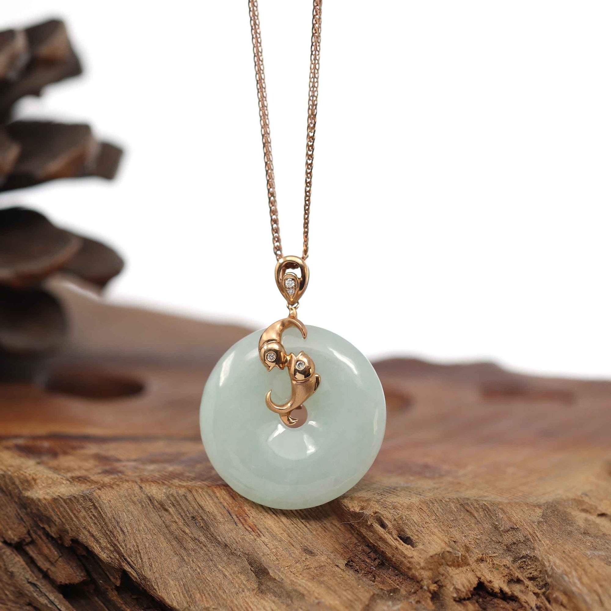 Baikalla Jewelry Gold Jadeite Pendant Pendant Only 18k Rose Gold Genuine Jadeite Constellation (Pisces) Necklace With Diamonds