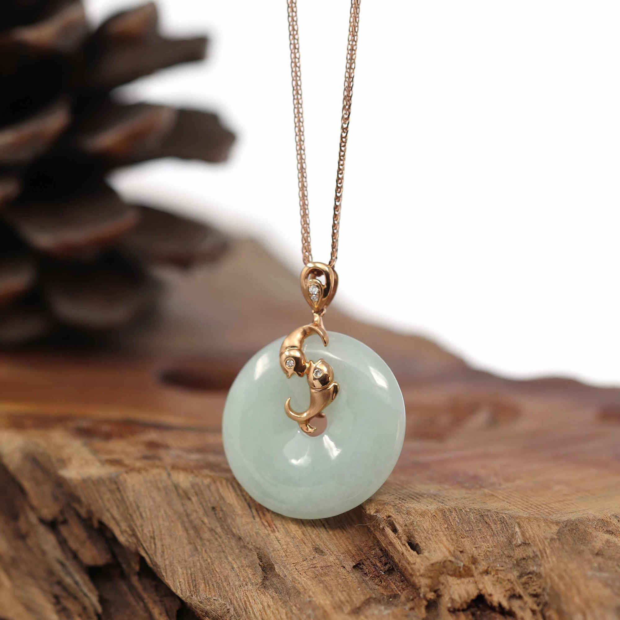 Baikalla Jewelry Gold Jadeite Pendant 18k Rose Gold Genuine Jadeite Constellation (Pisces) Necklace With Diamonds