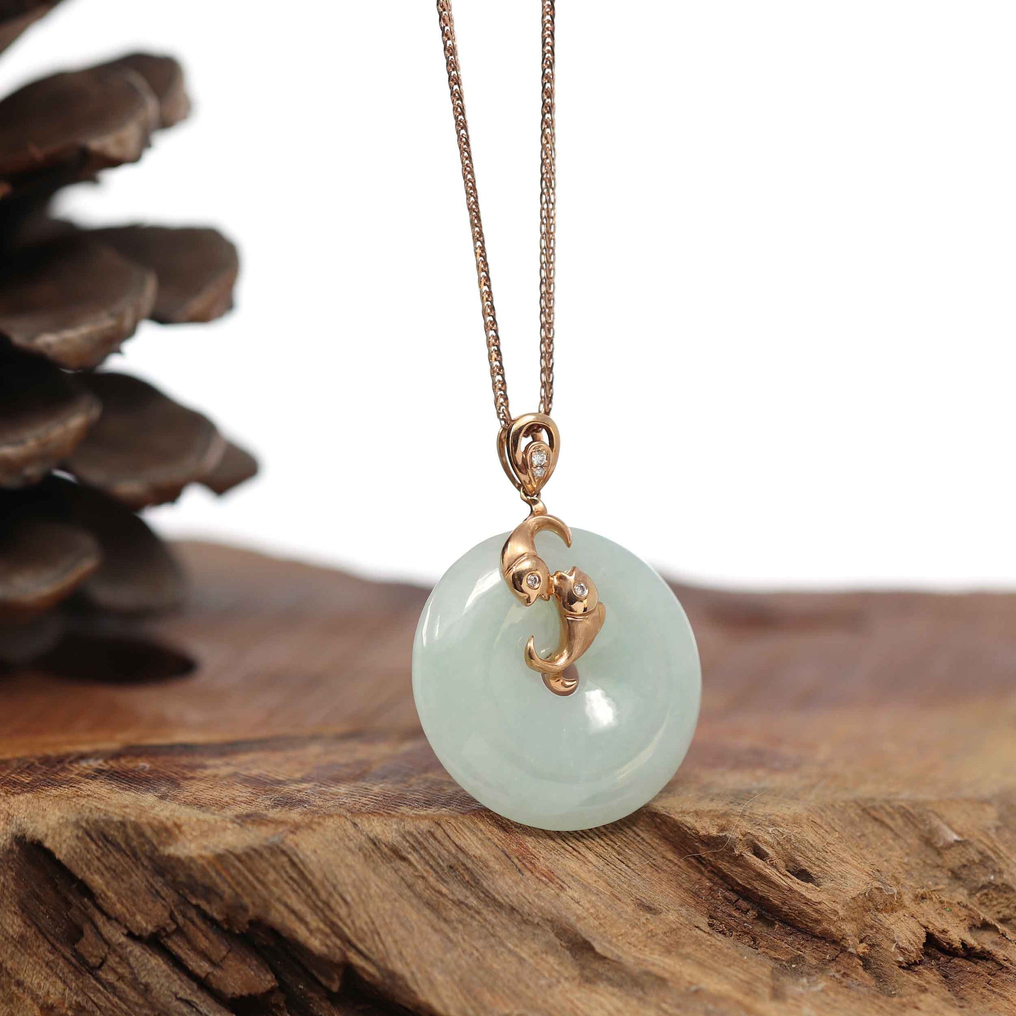 Baikalla Jewelry Gold Jadeite Pendant 18k Rose Gold Genuine Jadeite Constellation (Pisces) Necklace With Diamonds