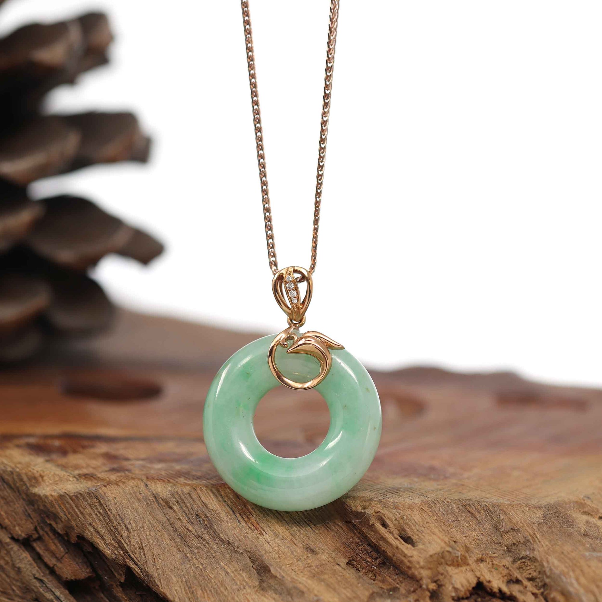 Baikalla Jewelry 18k Gold Jadeite Necklace Baikalla™ "Good Luck Birdie" 18k Rose Gold Genuine Burmese Jadeite Lucky Kou Kou Pendant Necklace With Diamond