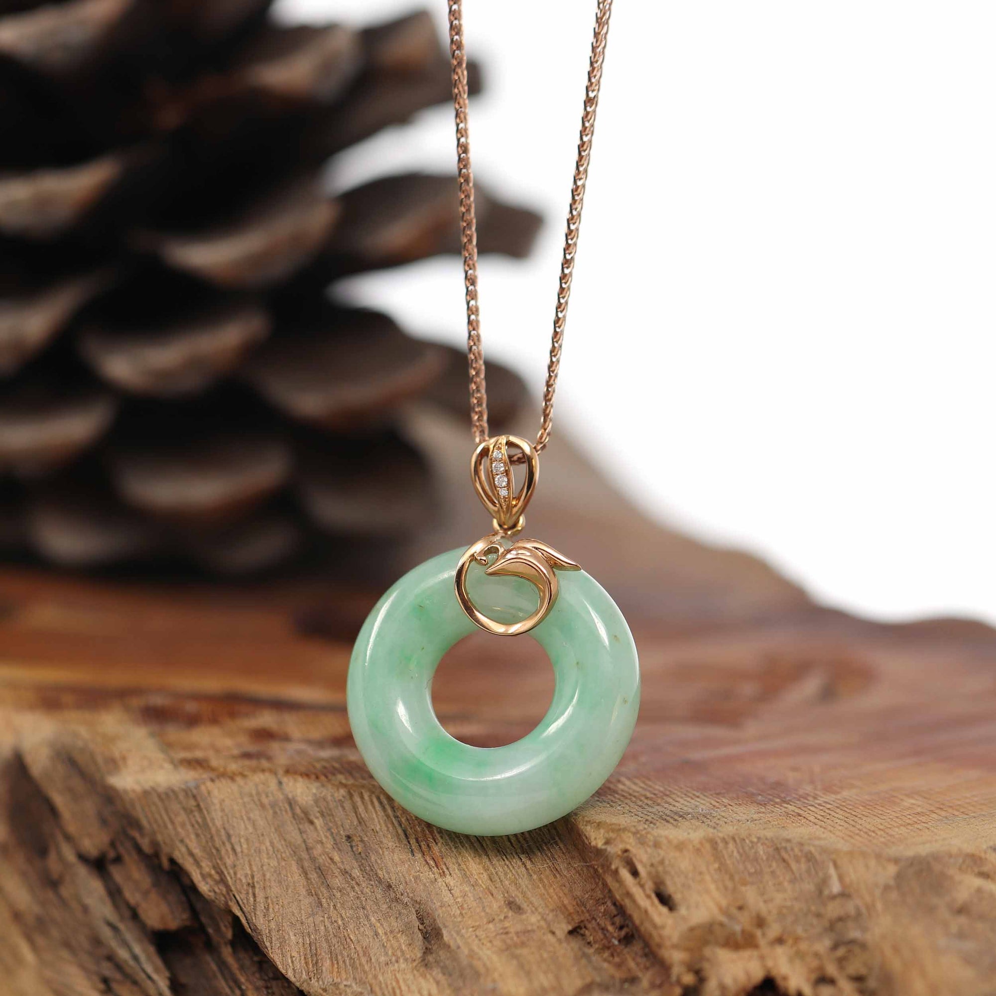 Baikalla Jewelry 18k Gold Jadeite Necklace Pendant Only Baikalla™ "Good Luck Birdie" 18k Rose Gold Genuine Burmese Jadeite Lucky Kou Kou Pendant Necklace With Diamond