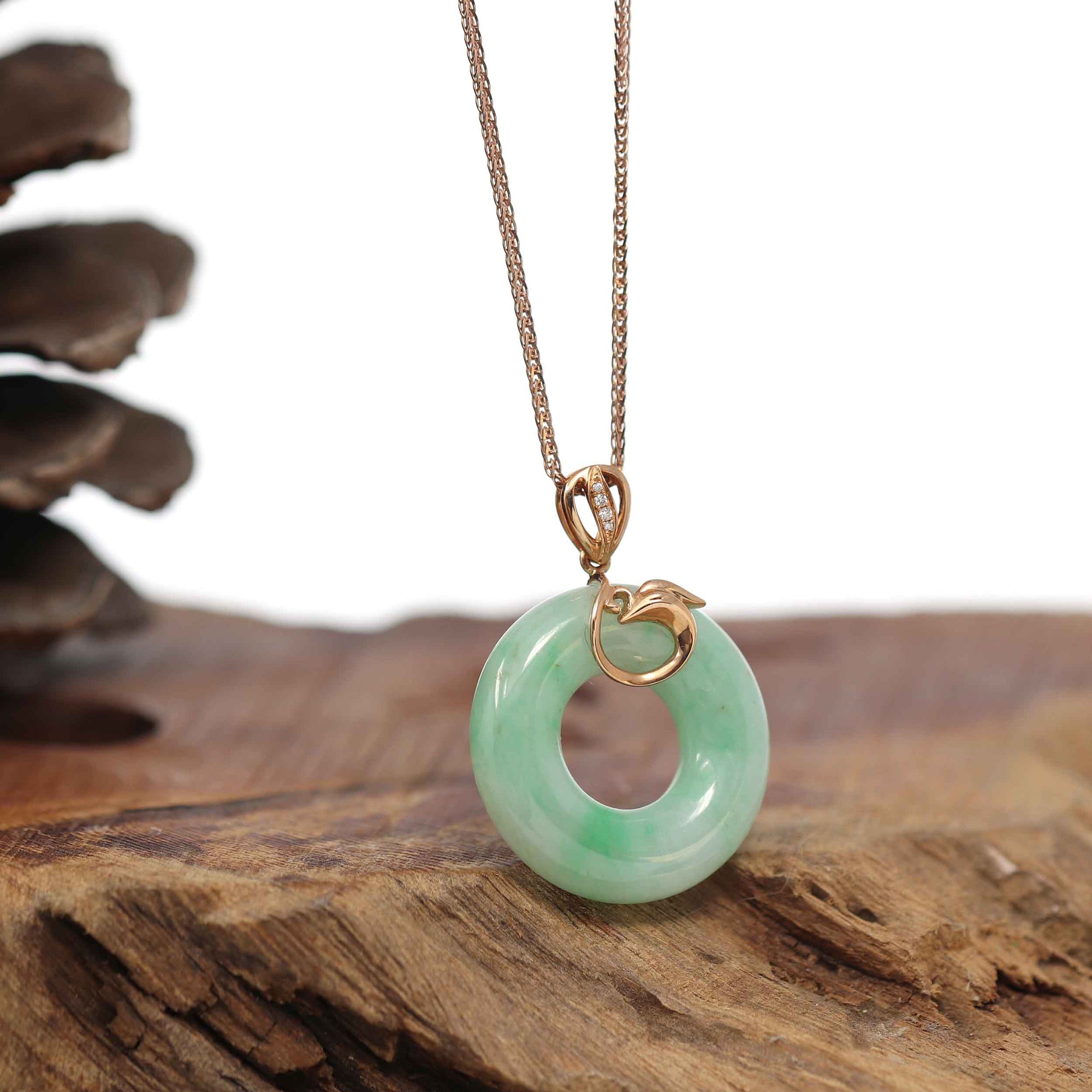 Baikalla Jewelry 18k Gold Jadeite Necklace Baikalla™ "Good Luck Birdie" 18k Rose Gold Genuine Burmese Jadeite Lucky Kou Kou Pendant Necklace With Diamond