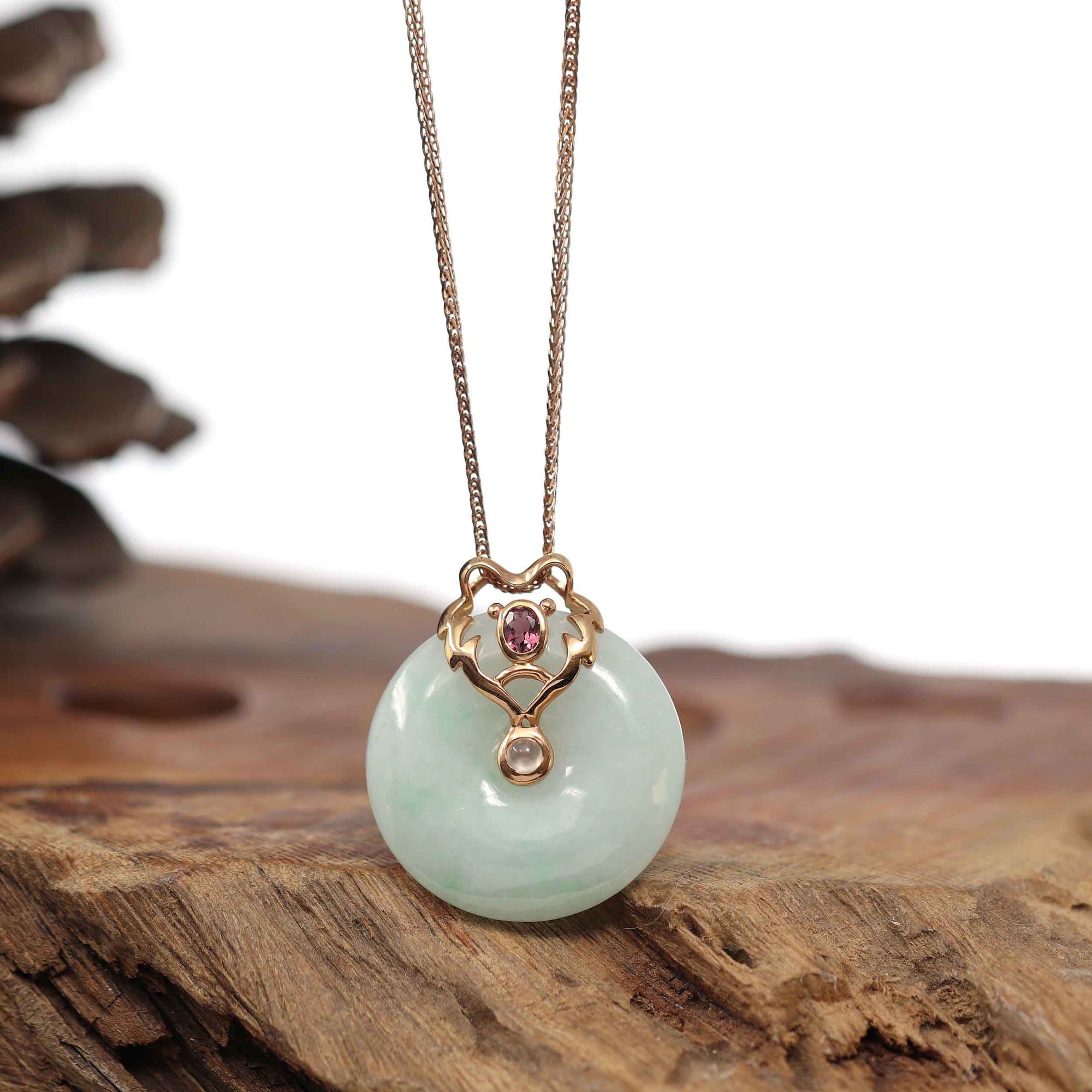 Baikalla Jewelry God Jadeite Necklace Pendant Only 18k Rose Gold Genuine Jadeite Constellation (Leo) Necklace Pendant with Tourmaline