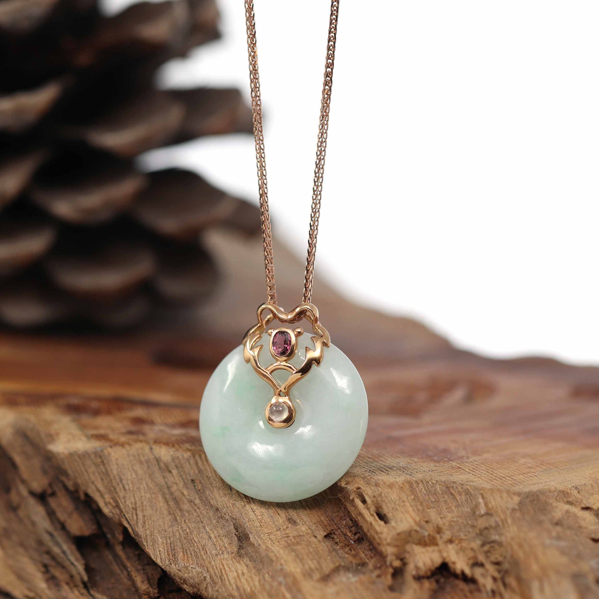 Baikalla Jewelry God Jadeite Necklace 18k Rose Gold Genuine Jadeite Constellation (Leo) Necklace Pendant with Tourmaline