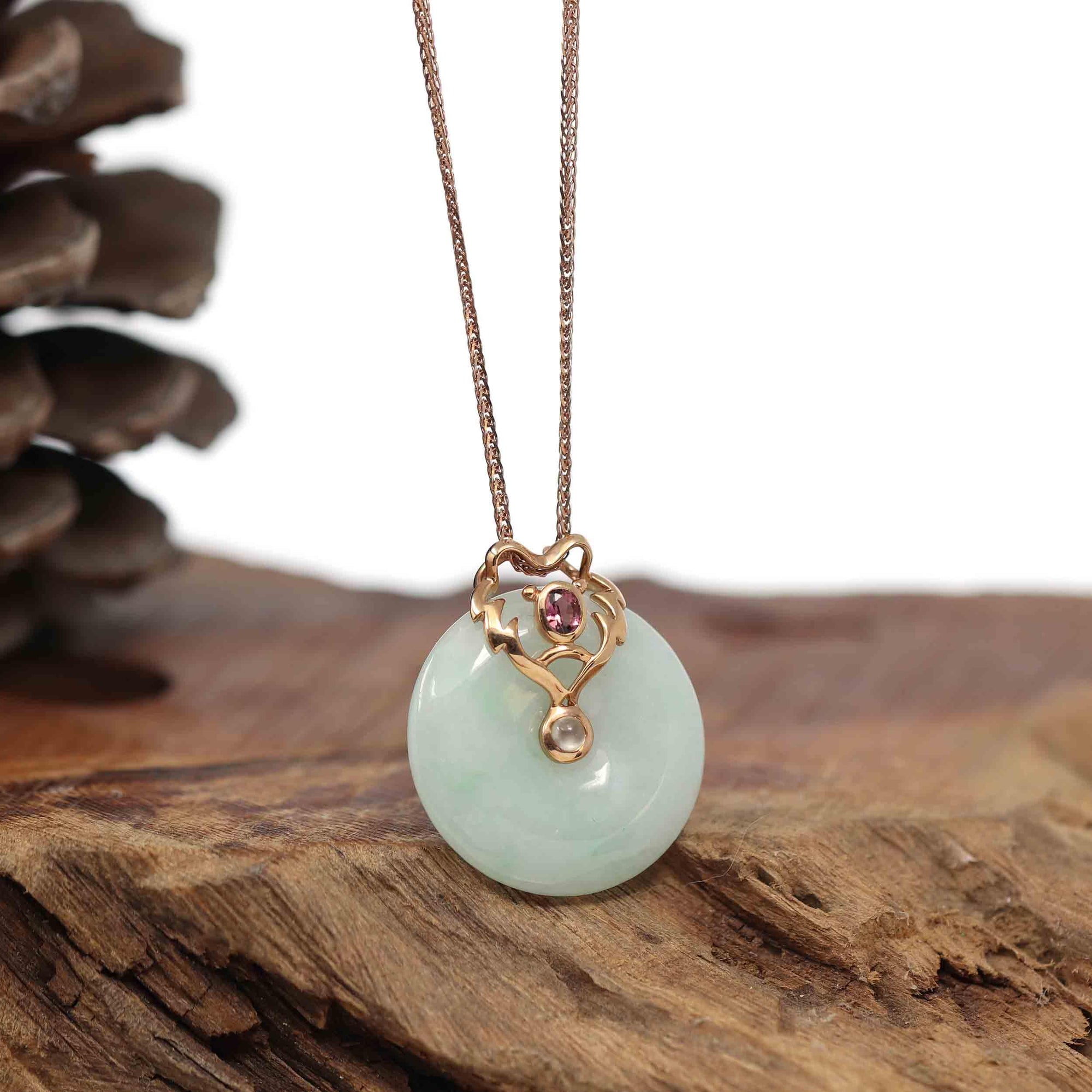 Baikalla Jewelry God Jadeite Necklace 18k Rose Gold Genuine Jadeite Constellation (Leo) Necklace Pendant with Tourmaline