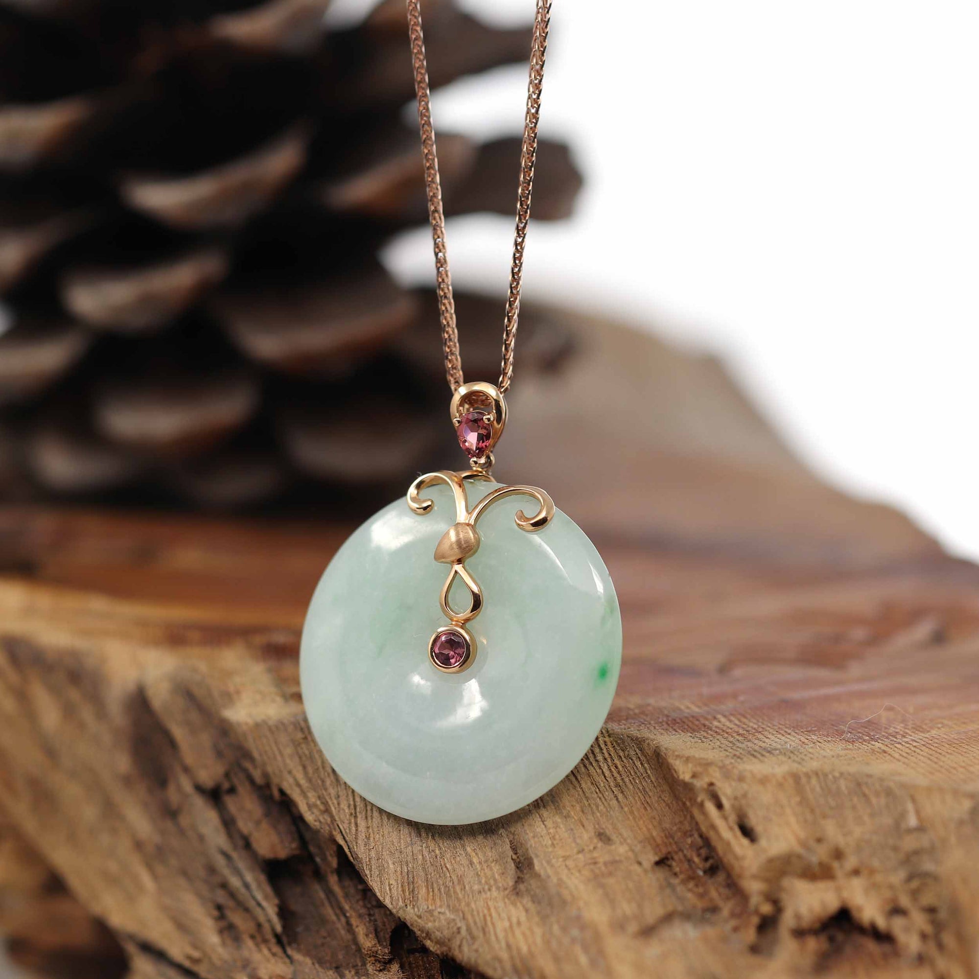 Baikalla Jewelry Jade Pendant 18k Rose Gold Genuine Burmese Jadeite Constellation (Aries) Necklace Pendant with Tourmaline