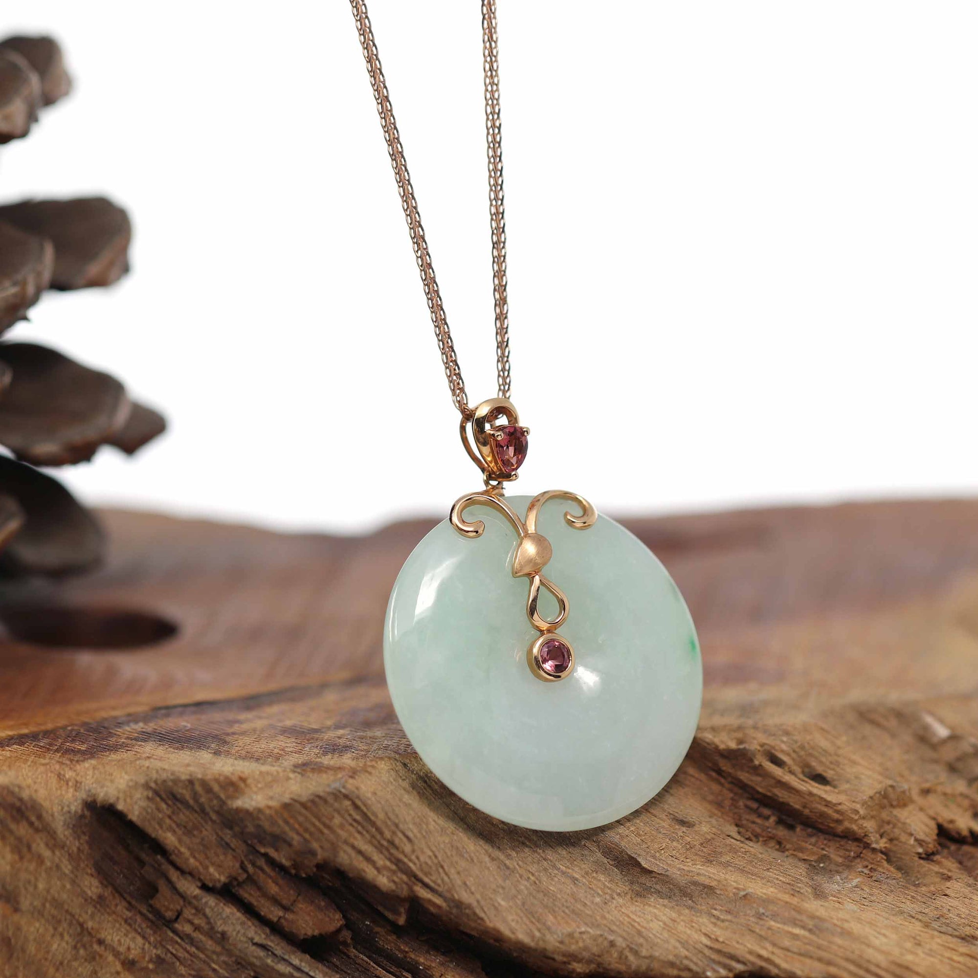 Baikalla Jewelry Jade Pendant 18k Rose Gold Genuine Burmese Jadeite Constellation (Aries) Necklace Pendant with Tourmaline