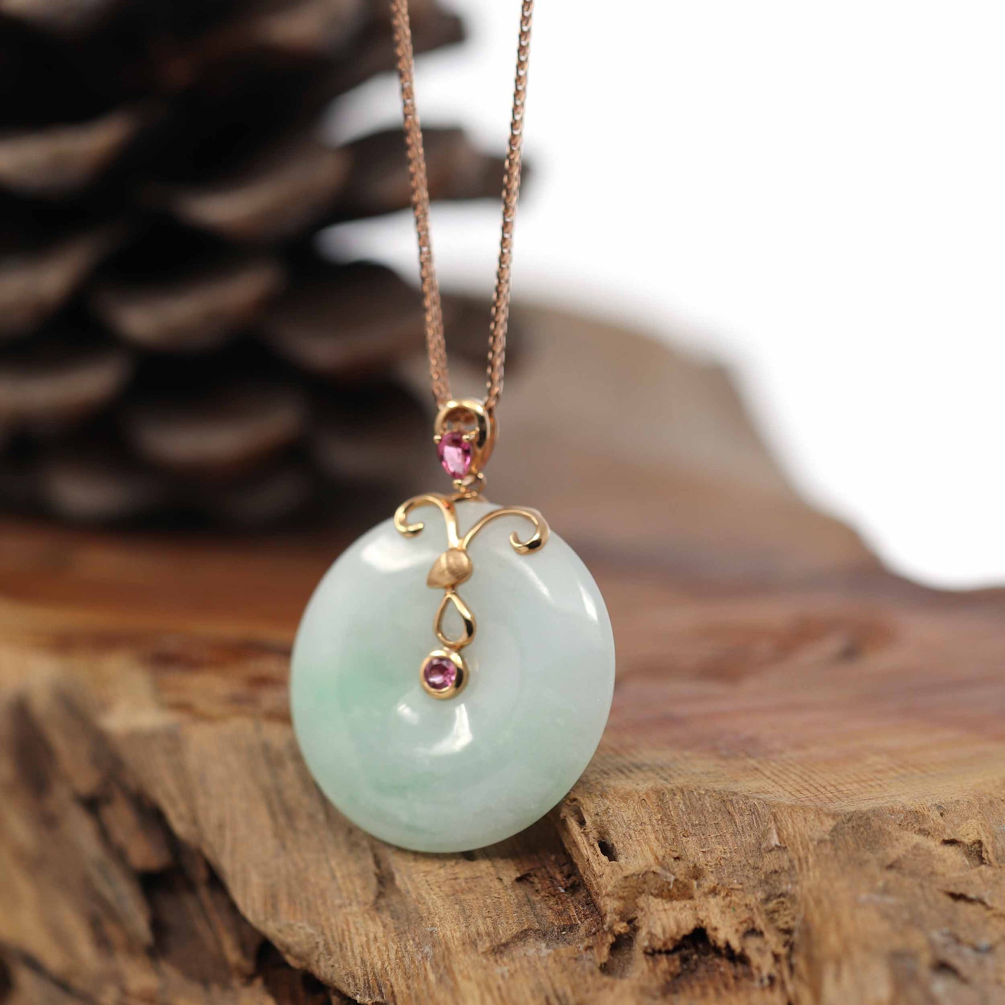 Baikalla Jewelry Jade Pendant 18k Rose Gold Genuine Burmese Jadeite Constellation (Aries) Necklace Pendant with Tourmaline