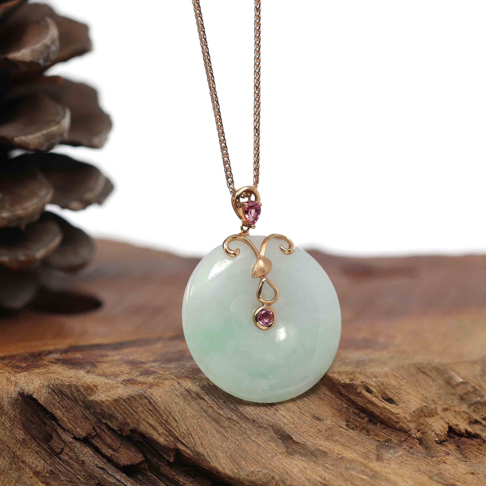 Baikalla Jewelry Jade Pendant 18k Rose Gold Genuine Burmese Jadeite Constellation (Aries) Necklace Pendant with Tourmaline