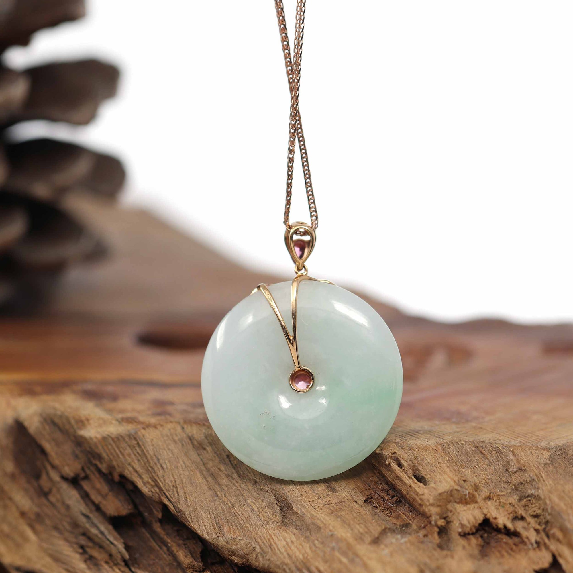 Baikalla Jewelry Jade Pendant 18k Rose Gold Genuine Burmese Jadeite Constellation (Aries) Necklace Pendant with Tourmaline