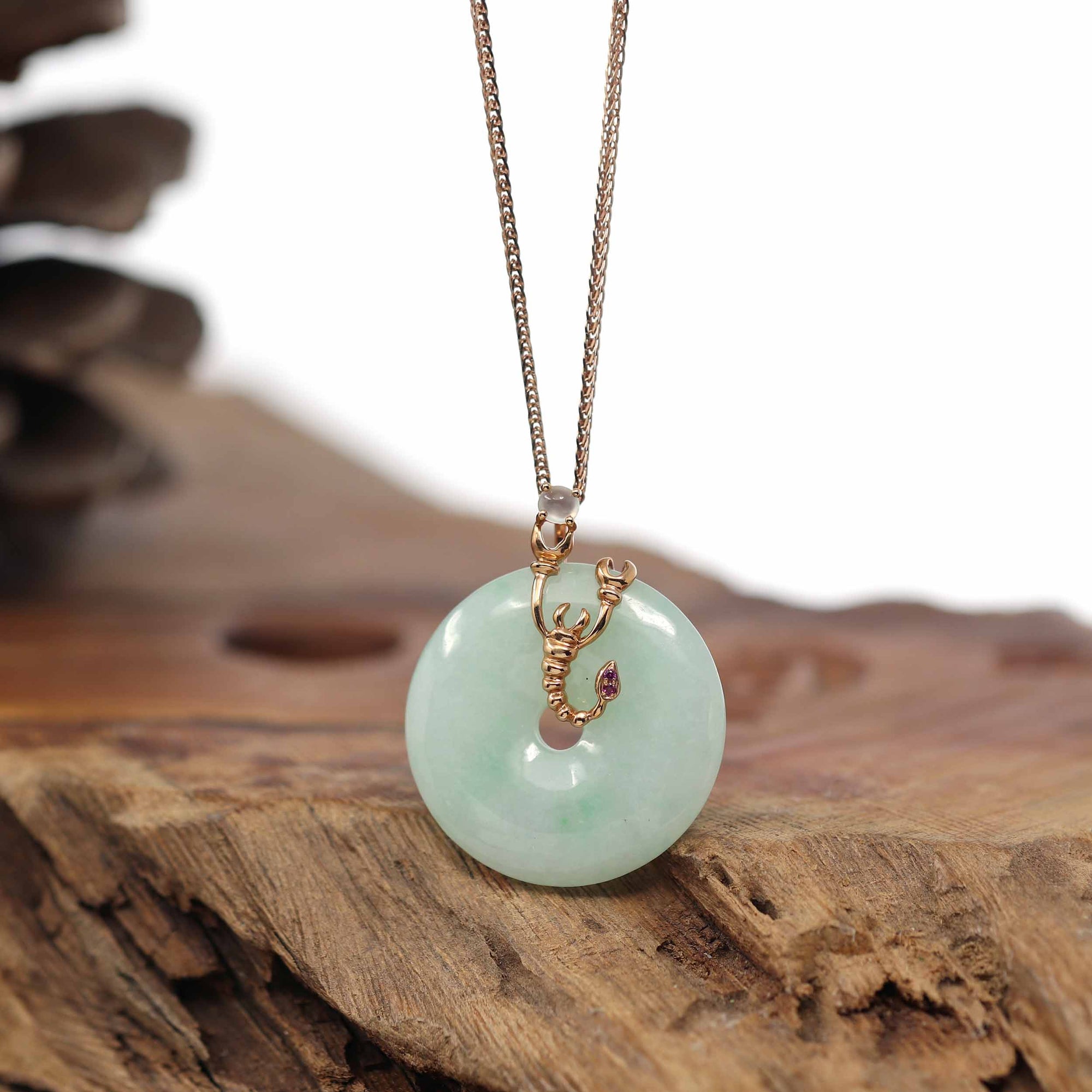 Baikalla Jewelry Gold Jadeite Pendant Pendant Only 18k Rose Gold Genuine Burmese Jadeite Constellation (Scorpio) Necklace Pendant with Ruby AA