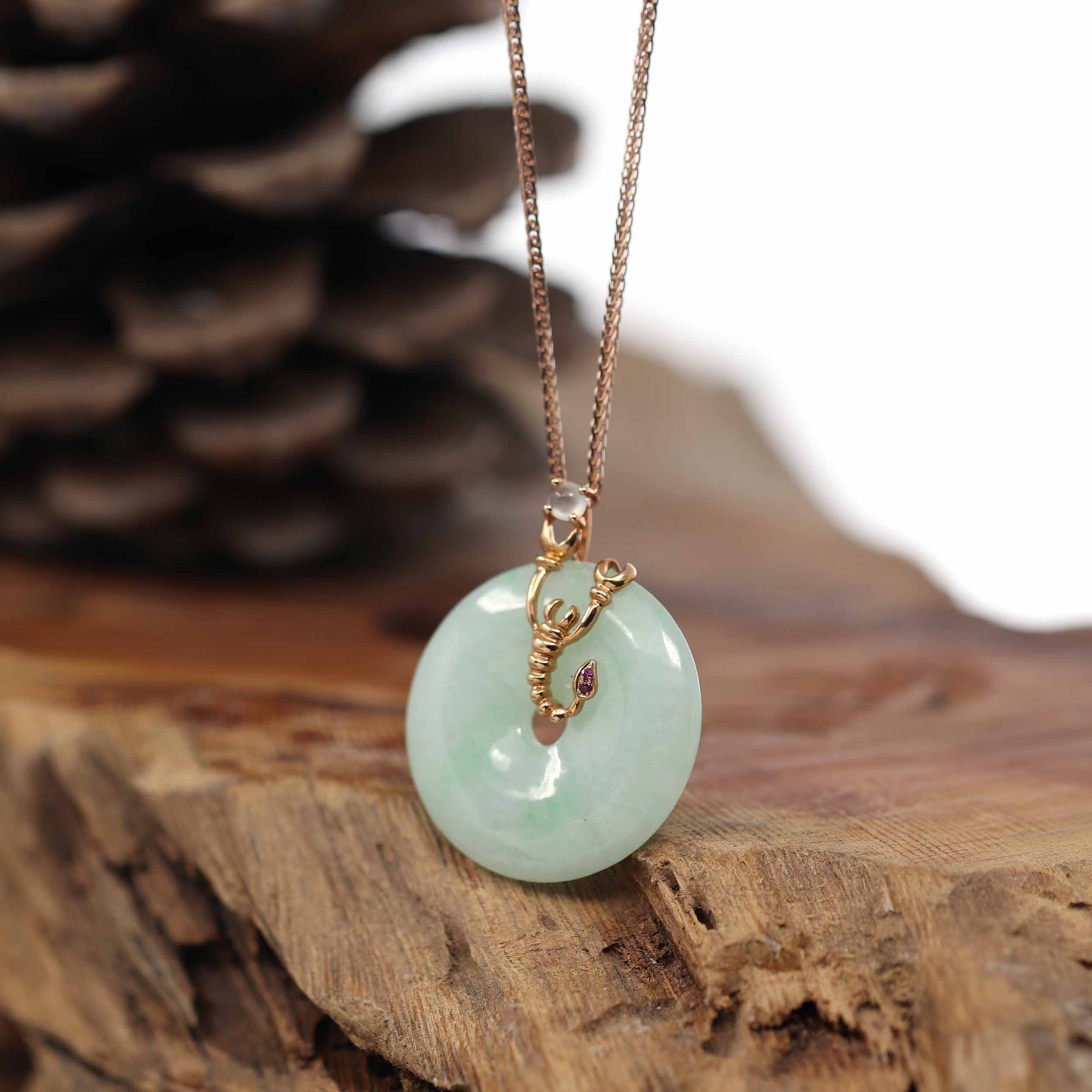 Baikalla Jewelry Gold Jadeite Pendant 18k Rose Gold Genuine Burmese Jadeite Constellation (Scorpio) Necklace Pendant with Ruby AA