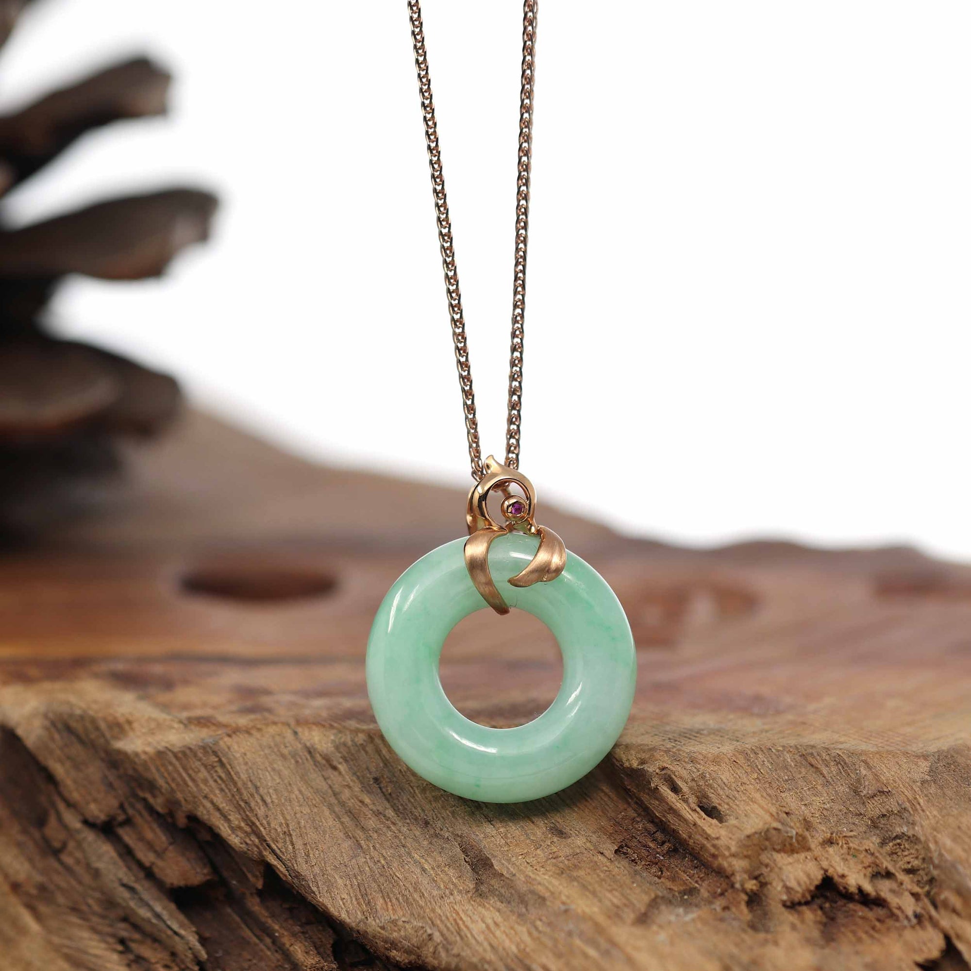 Baikalla Jewelry 18k Gold Jadeite Necklace Pendant Only Baikalla™ "Good Luck Birdie" 18k Rose Gold Genuine Burmese Jadeite Lucky Kou Kou Pendant Necklace With Ruby