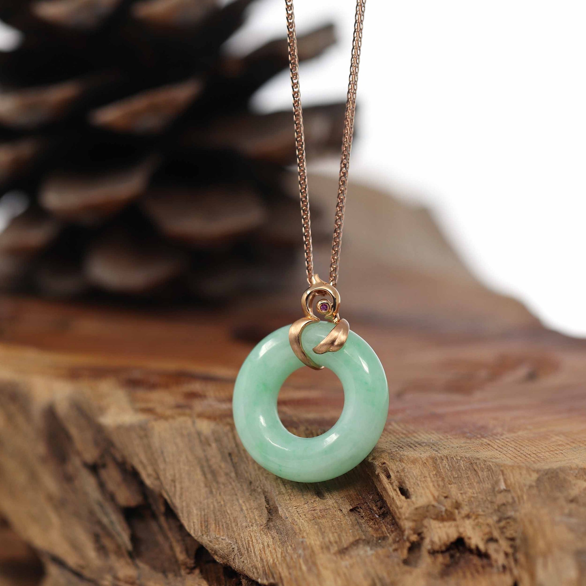 Baikalla Jewelry 18k Gold Jadeite Necklace Baikalla™ "Good Luck Birdie" 18k Rose Gold Genuine Burmese Jadeite Lucky Kou Kou Pendant Necklace With Ruby