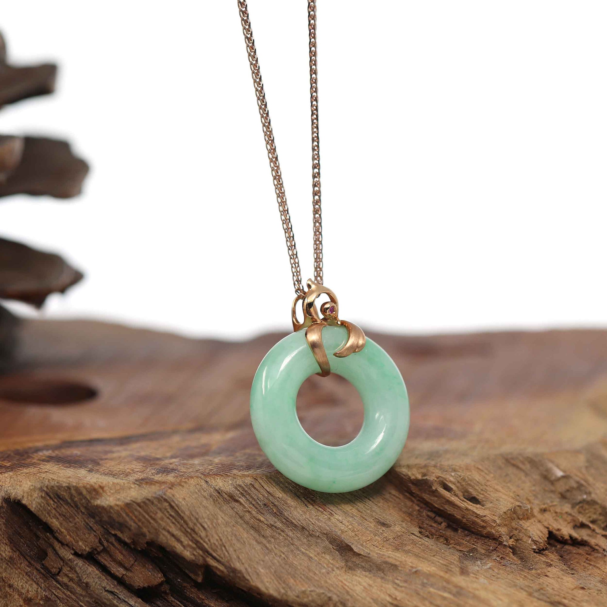 Baikalla Jewelry 18k Gold Jadeite Necklace Baikalla™ "Good Luck Birdie" 18k Rose Gold Genuine Burmese Jadeite Lucky Kou Kou Pendant Necklace With Ruby