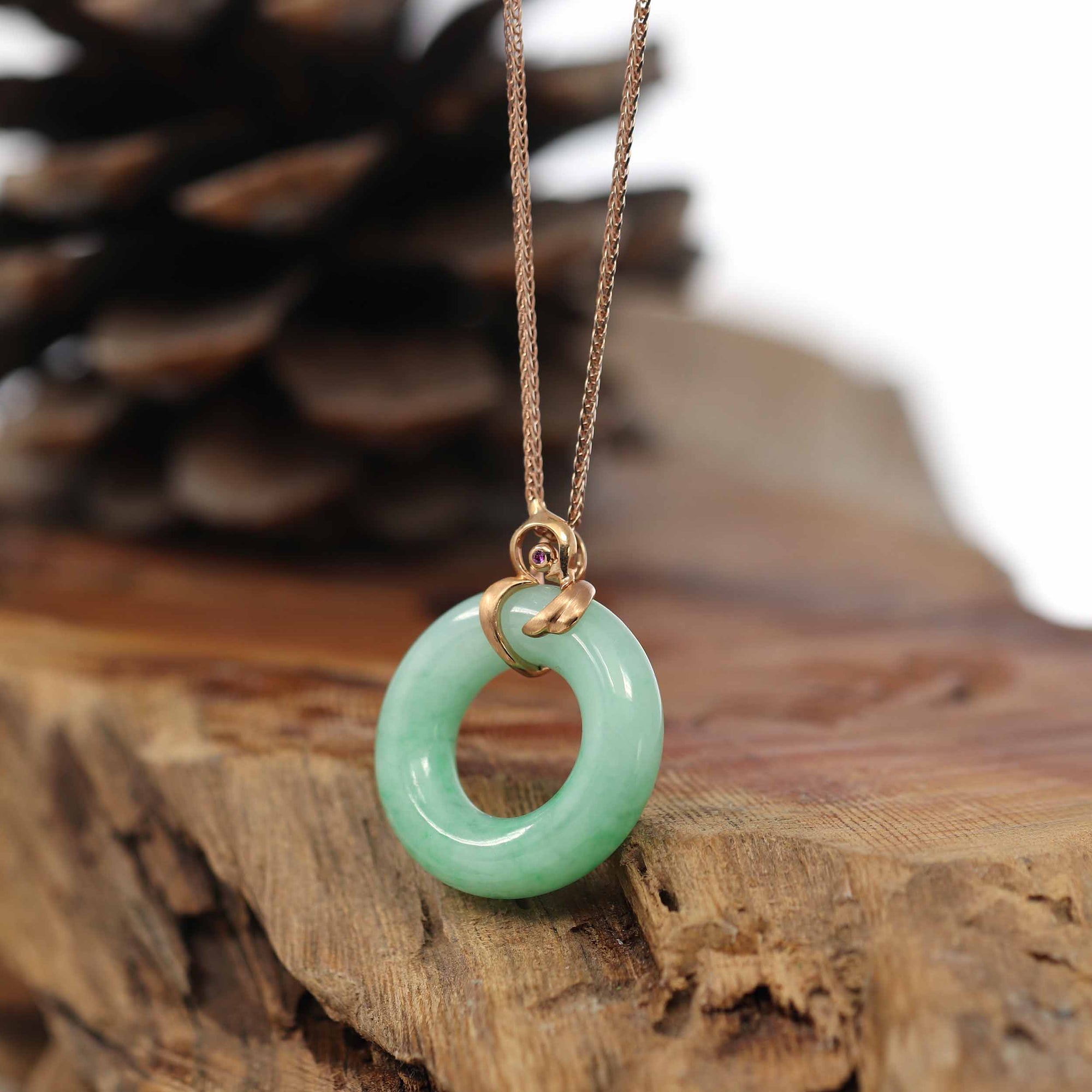 Baikalla Jewelry 18k Gold Jadeite Necklace Baikalla™ "Good Luck Birdie" 18k Rose Gold Genuine Burmese Jadeite Lucky Kou Kou Pendant Necklace With Ruby