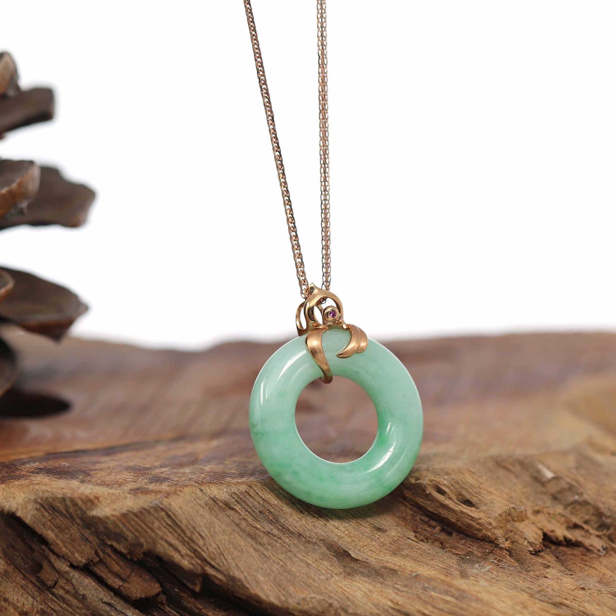 Baikalla Jewelry 18k Gold Jadeite Necklace Baikalla™ &quot;Good Luck Birdie&quot; 18k Rose Gold Genuine Burmese Jadeite Lucky Kou Kou Pendant Necklace With Ruby