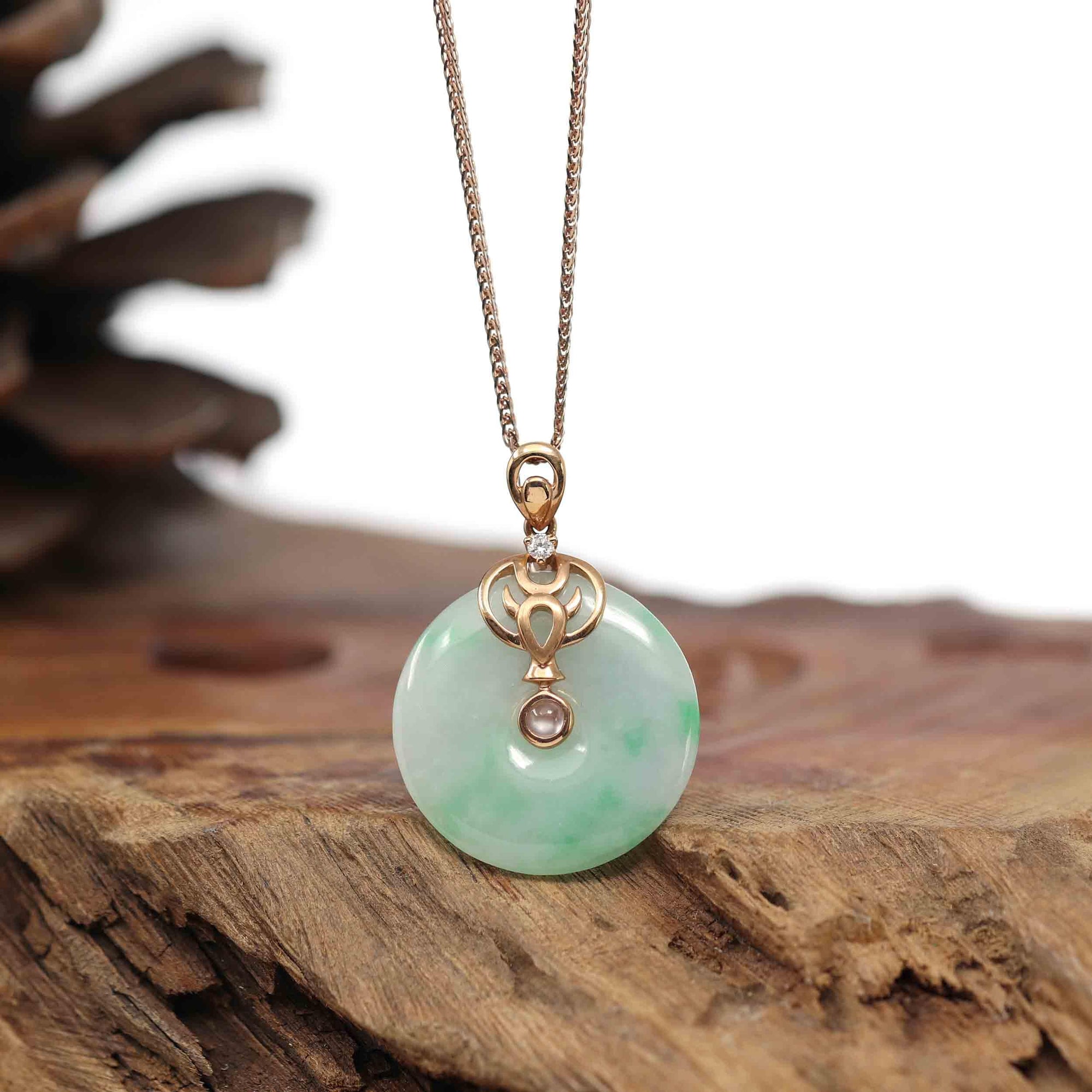 Baikalla Jewelry Gold Jadeite Pendant 18k Rose Gold Genuine Jadeite Constellation (Taurus) Necklace with Diamonds