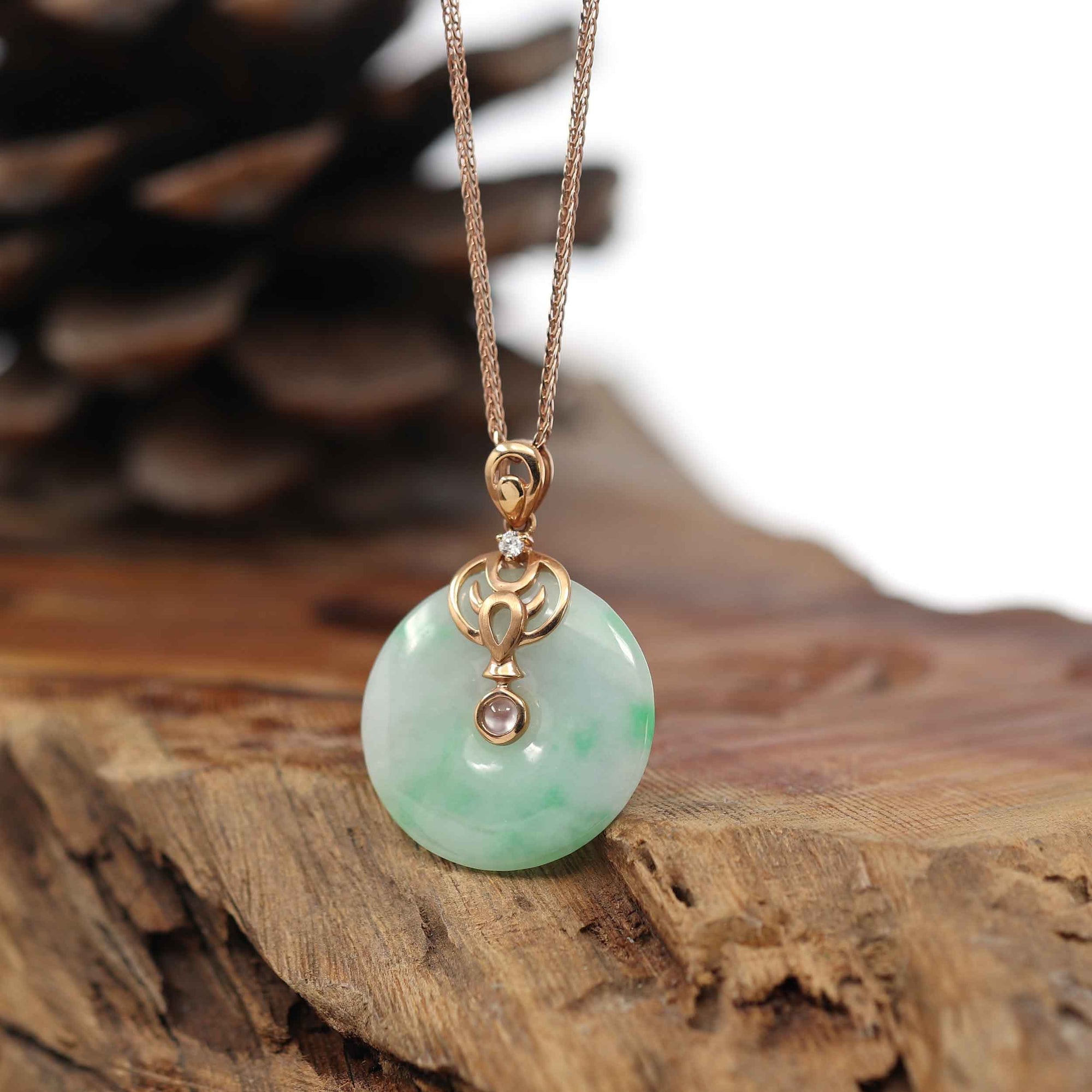 Baikalla Jewelry Gold Jadeite Pendant Pendant Only 18k Rose Gold Genuine Jadeite Constellation (Taurus) Necklace with Diamonds