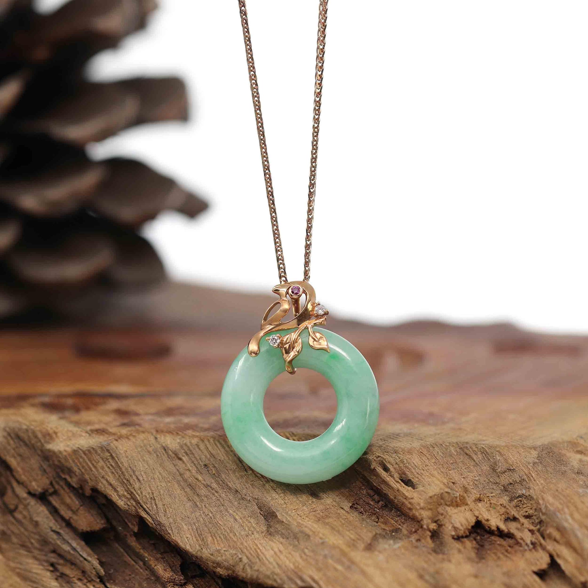 Baikalla Jewelry 18k Gold Jadeite Necklace Pendant Only Baikalla™ &quot;Good Luck Birdie&quot; 18k Rose Gold Genuine Burmese Jadeite Lucky Kou Kou Pendant Necklace With Ruby and Diamond