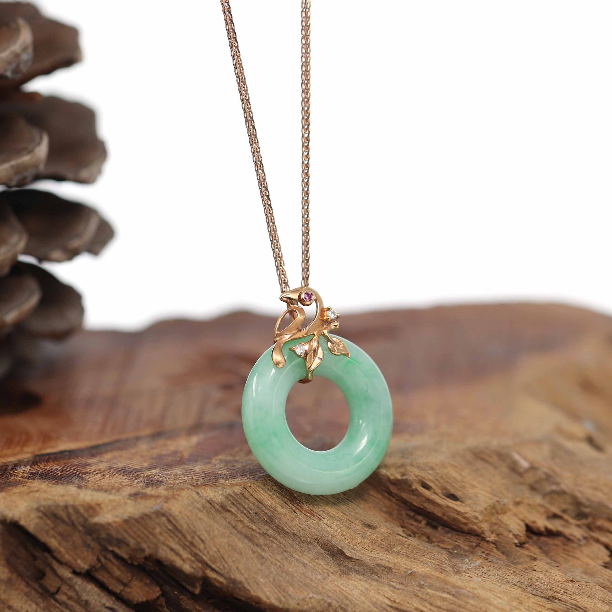 Baikalla Jewelry 18k Gold Jadeite Necklace Baikalla™ "Good Luck Birdie" 18k Rose Gold Genuine Burmese Jadeite Lucky Kou Kou Pendant Necklace With Ruby and Diamond