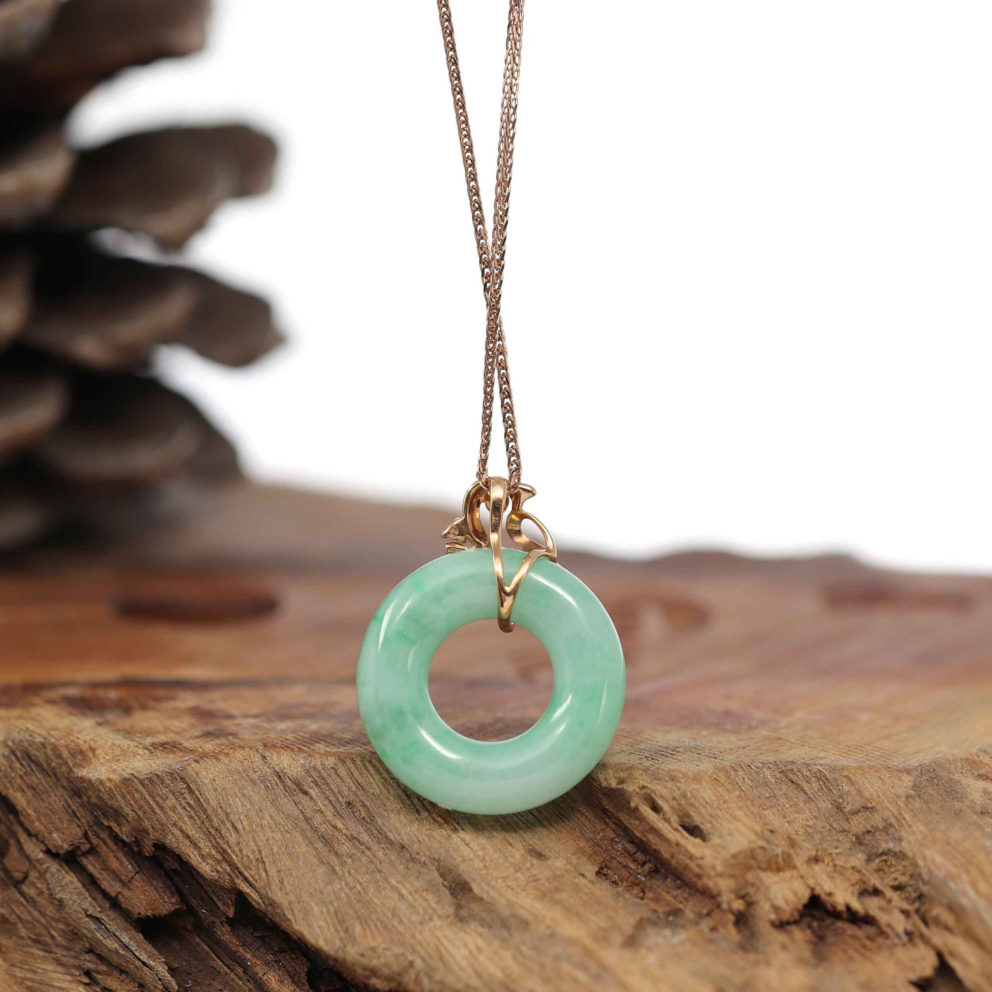 Baikalla Jewelry 18k Gold Jadeite Necklace Baikalla™ &quot;Good Luck Birdie&quot; 18k Rose Gold Genuine Burmese Jadeite Lucky Kou Kou Pendant Necklace With Ruby and Diamond