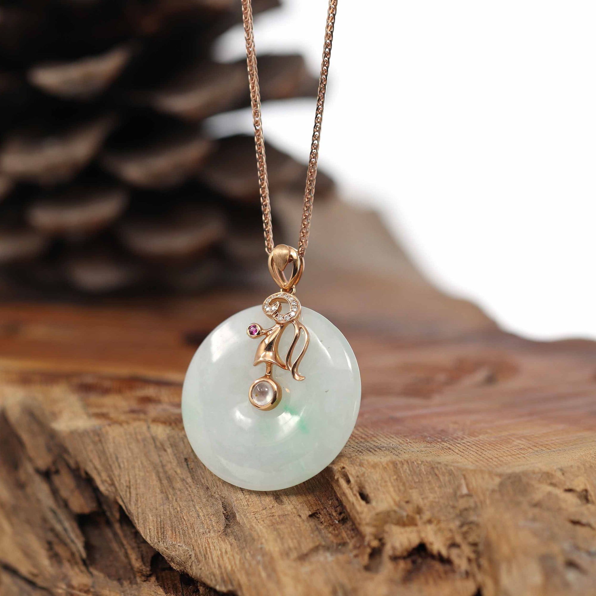 Baikalla Jewelry Gold Jadeite Necklace Copy of 18k Rose Gold Genuine Jadeite Constellation (Virgo) Necklace Pendant with Diamonds &amp; Ruby