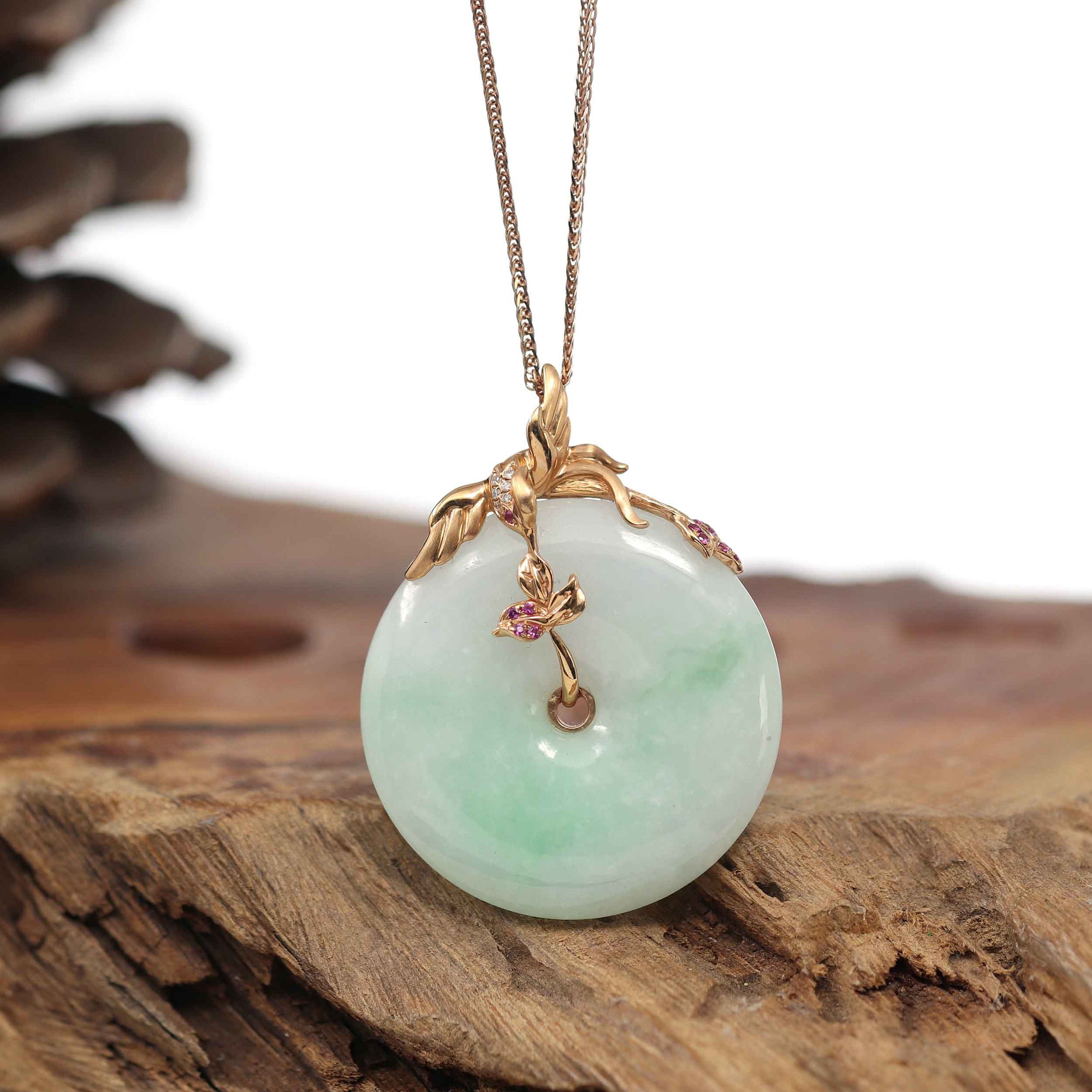 Baikalla Jewelry 18k Gold Jadeite Necklace Pendant Only Baikalla™ &quot;Good Luck Birdie&quot; 18k Rose Gold Genuine Burmese Jadeite Lucky Kou Kou Pendant Necklace With Ruby and Diamond