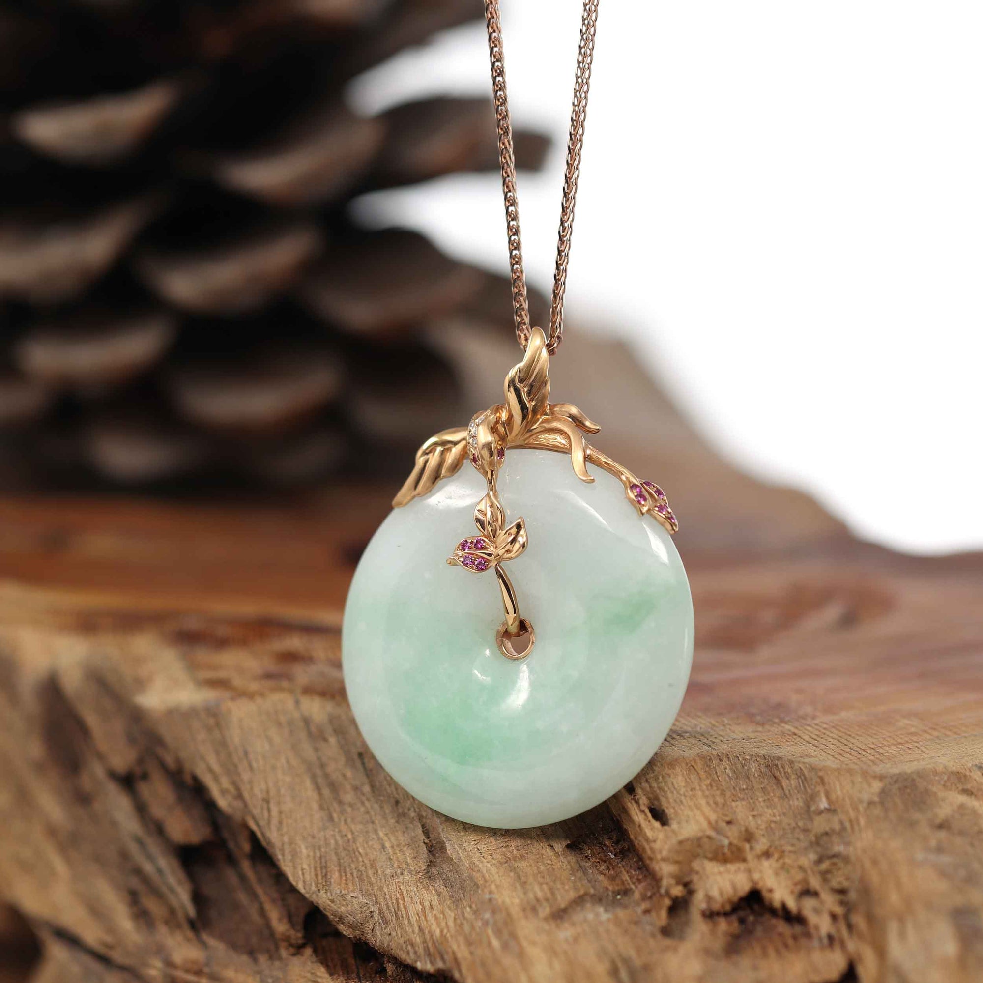 Baikalla Jewelry 18k Gold Jadeite Necklace Baikalla™ &quot;Good Luck Birdie&quot; 18k Rose Gold Genuine Burmese Jadeite Lucky Kou Kou Pendant Necklace With Ruby and Diamond