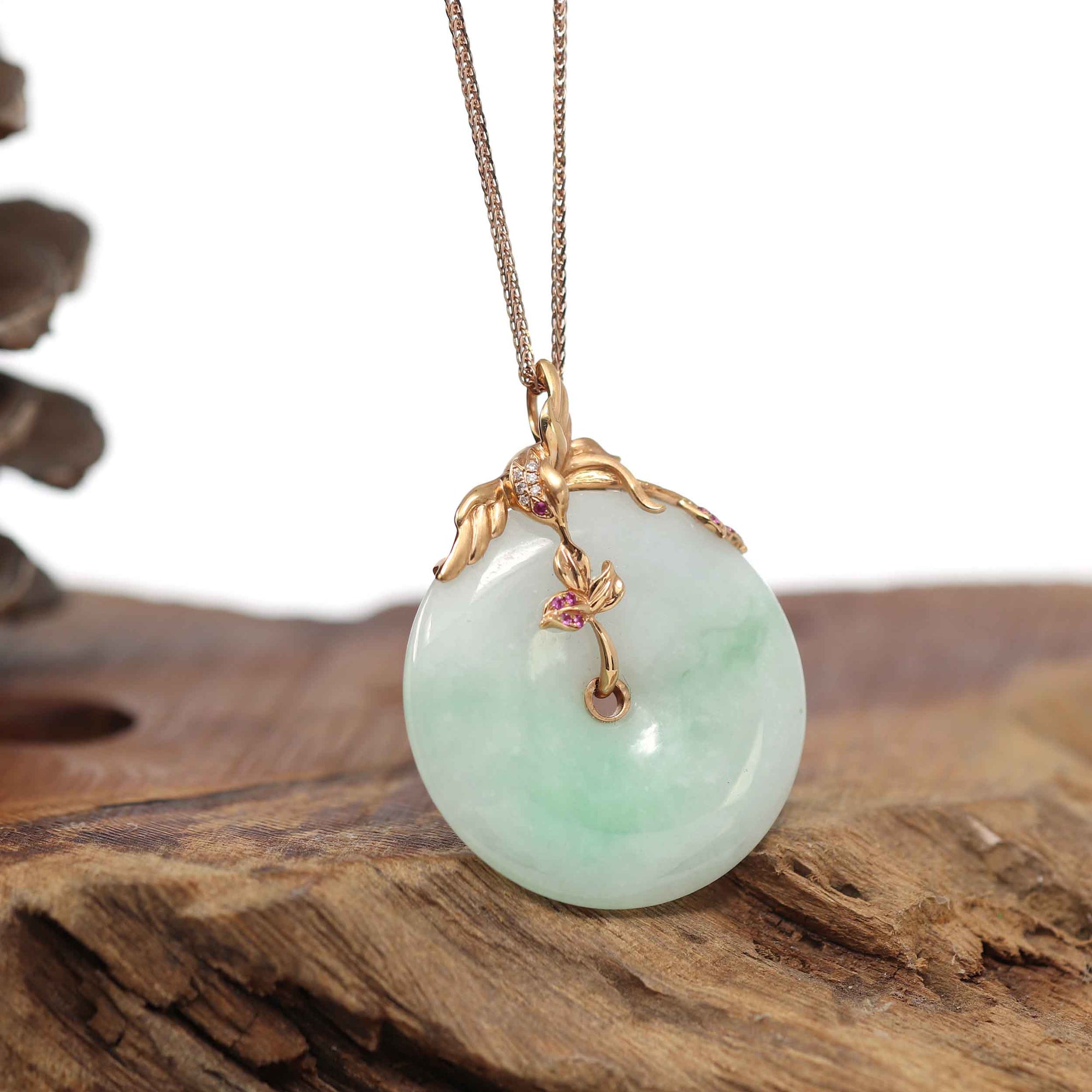 Baikalla Jewelry 18k Gold Jadeite Necklace Baikalla™ &quot;Good Luck Birdie&quot; 18k Rose Gold Genuine Burmese Jadeite Lucky Kou Kou Pendant Necklace With Ruby and Diamond