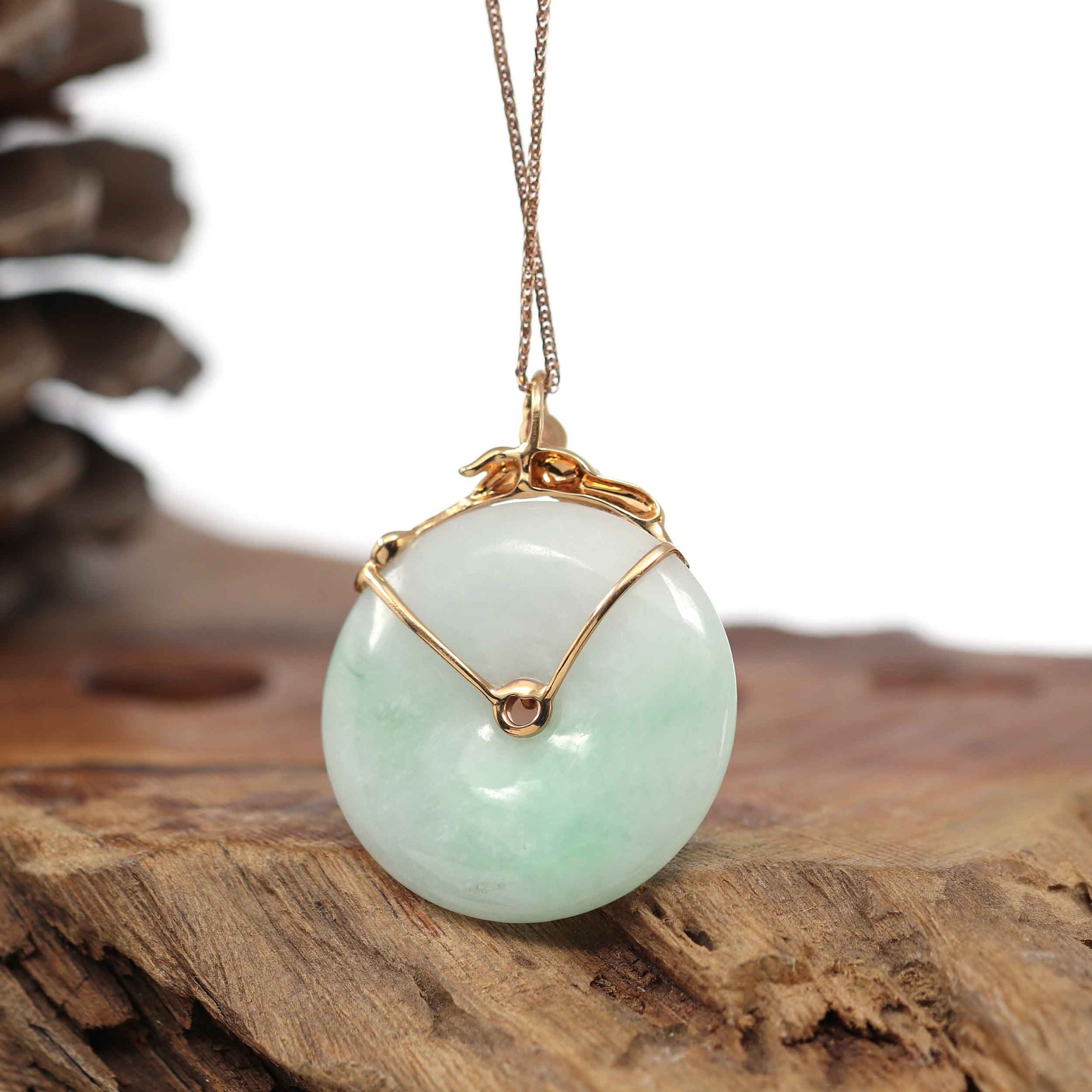 Baikalla Jewelry 18k Gold Jadeite Necklace Baikalla™ &quot;Good Luck Birdie&quot; 18k Rose Gold Genuine Burmese Jadeite Lucky Kou Kou Pendant Necklace With Ruby and Diamond