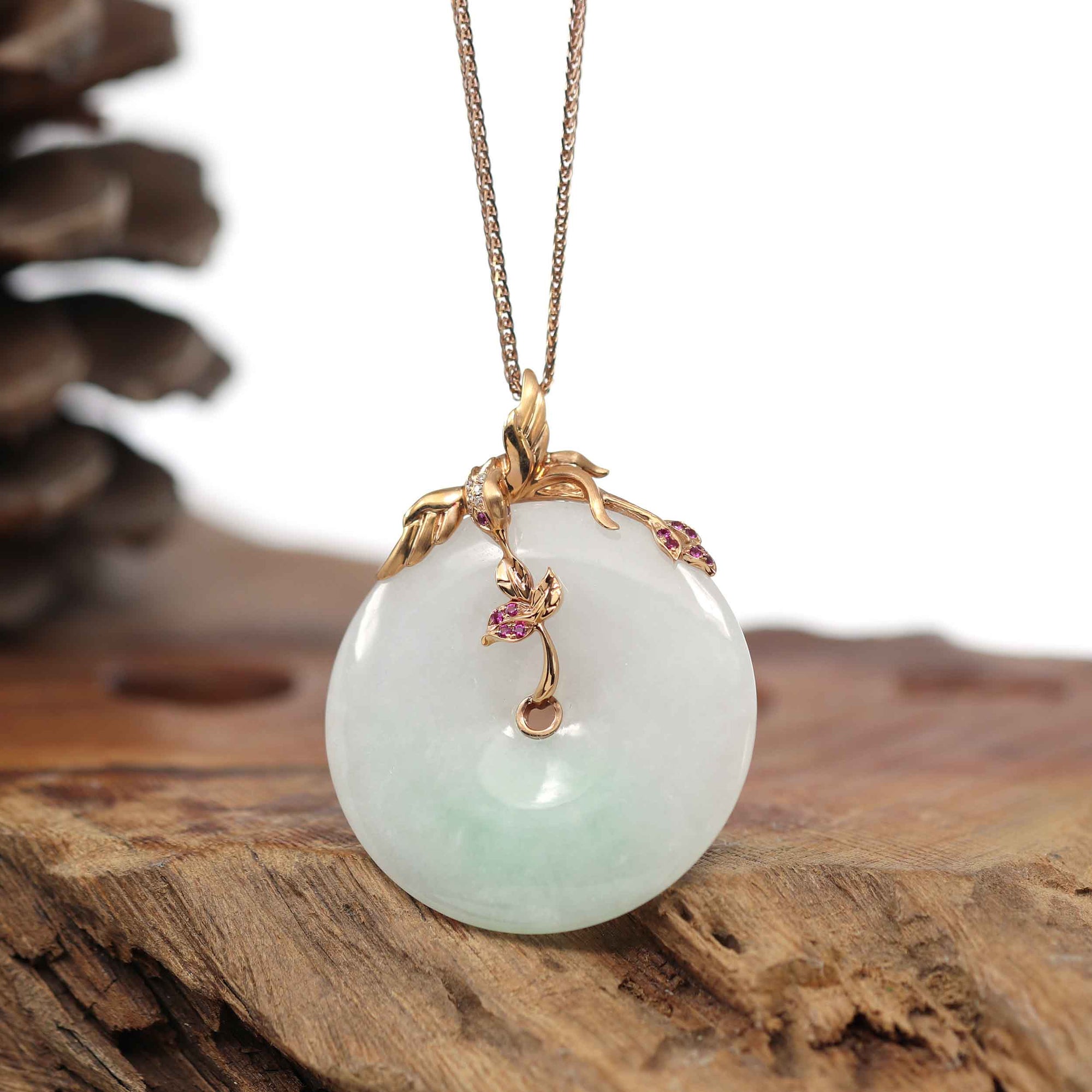 Baikalla Jewelry 18k Gold Jadeite Necklace Baikalla™ "Good Luck Birdie" 18k Rose Gold Genuine Burmese Jadeite Lucky Kou Kou Pendant Necklace With Ruby and Diamond