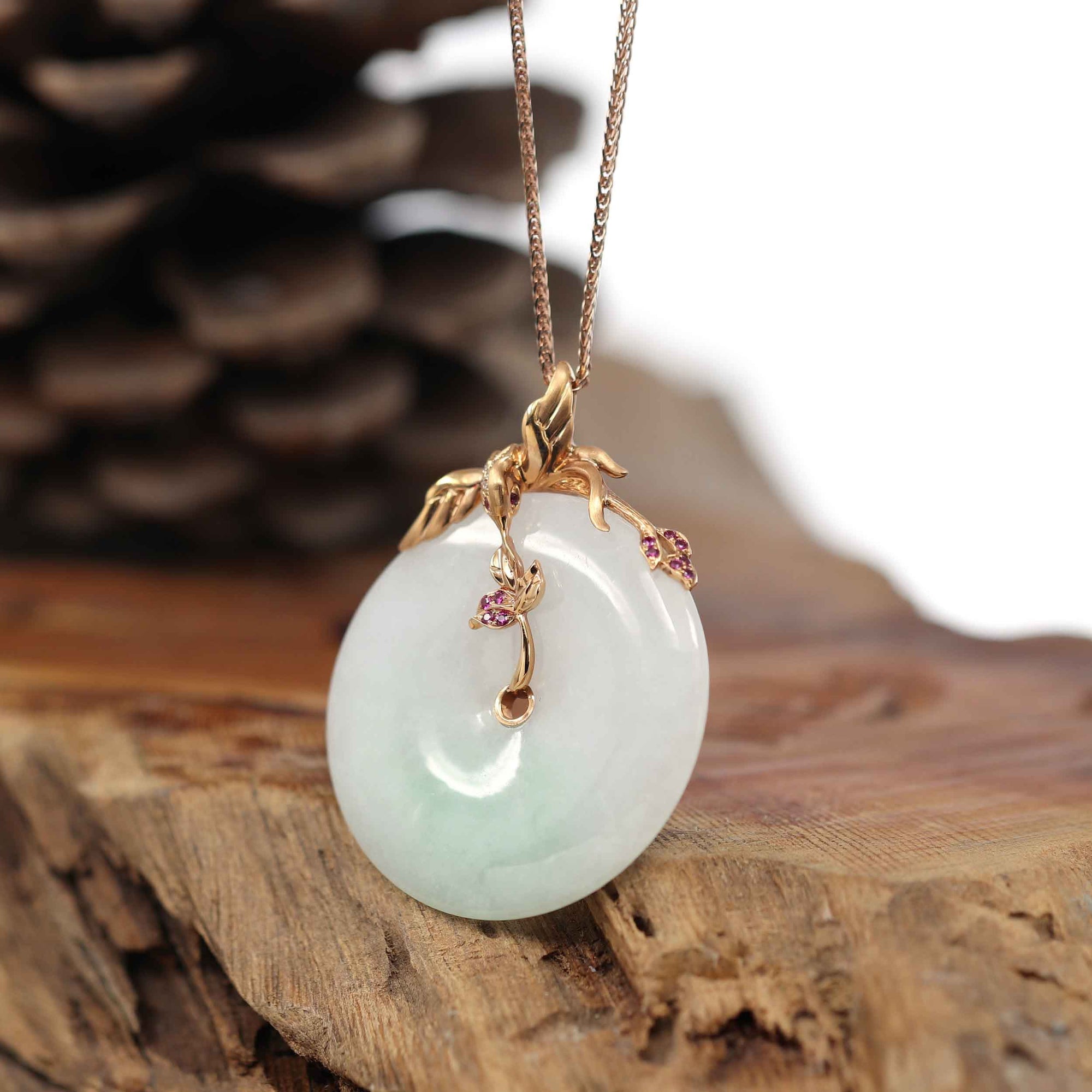 Baikalla Jewelry 18k Gold Jadeite Necklace Pendant Only Baikalla™ "Good Luck Birdie" 18k Rose Gold Genuine Burmese Jadeite Lucky Kou Kou Pendant Necklace With Ruby and Diamond