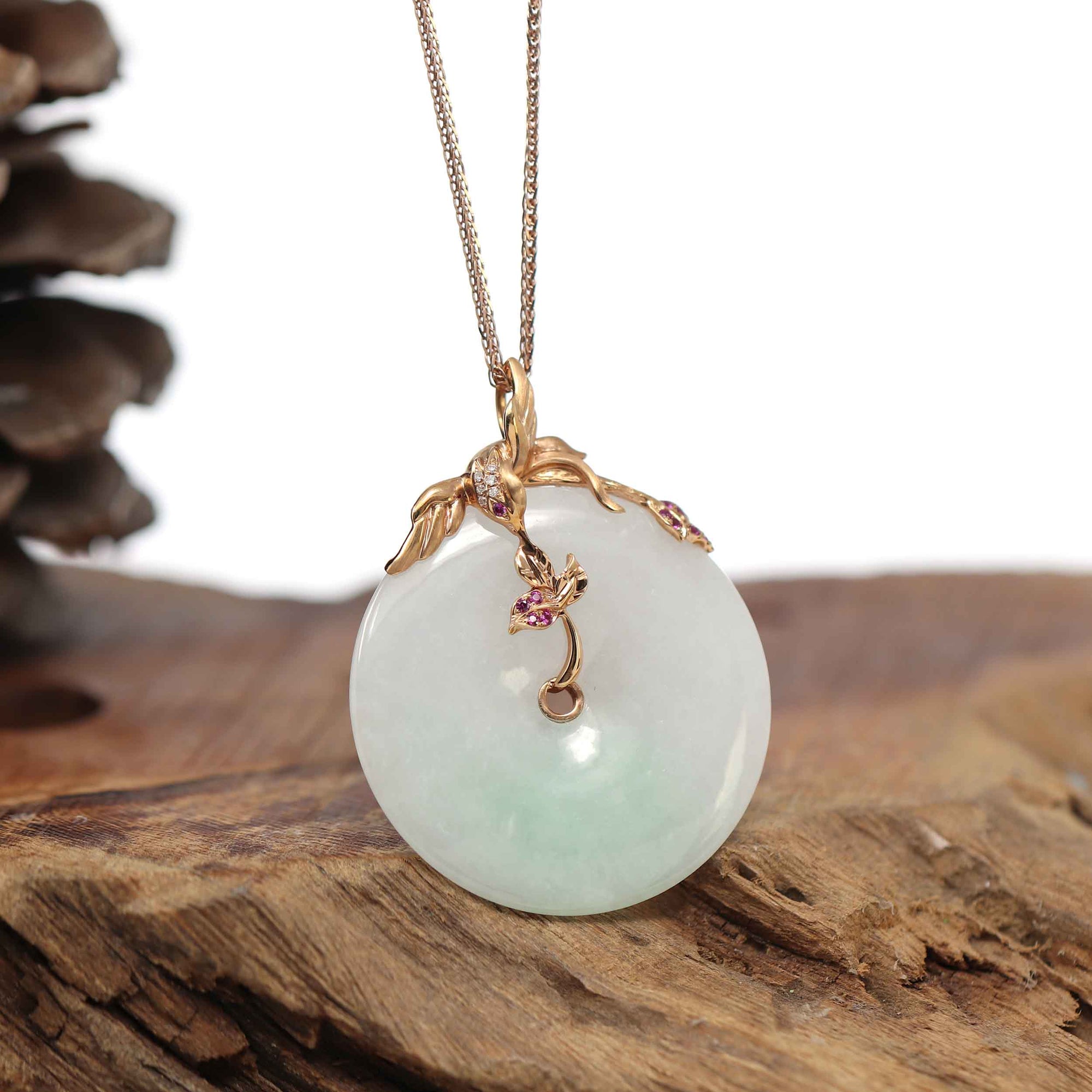 Baikalla Jewelry 18k Gold Jadeite Necklace Baikalla™ "Good Luck Birdie" 18k Rose Gold Genuine Burmese Jadeite Lucky Kou Kou Pendant Necklace With Ruby and Diamond