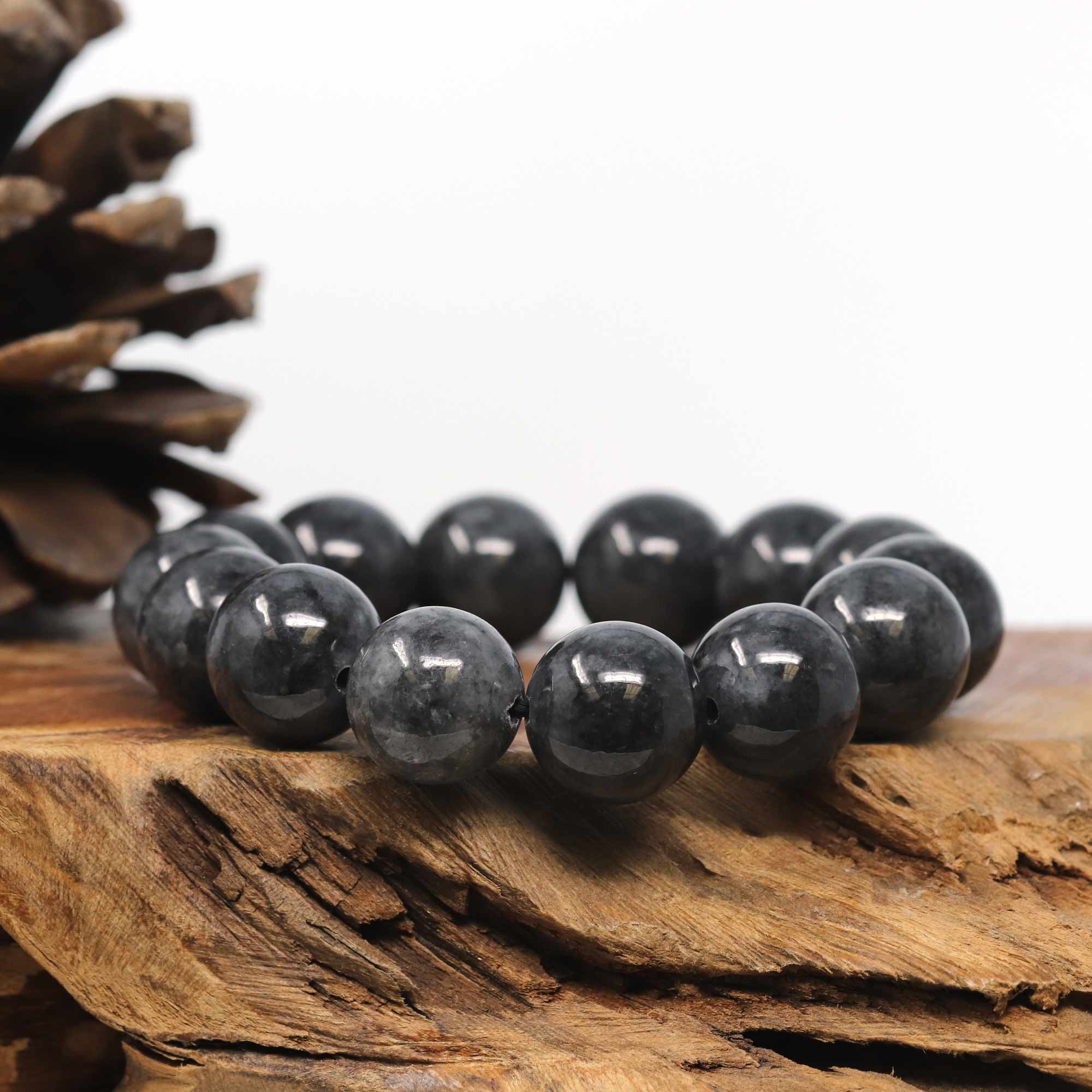 Baikalla Jewelry jade beads bracelet Baikalla WuJi "乌鸡" Black & Grey Jadeite Jade Large Round Beads Men's Bracelet (15 & 13mm)