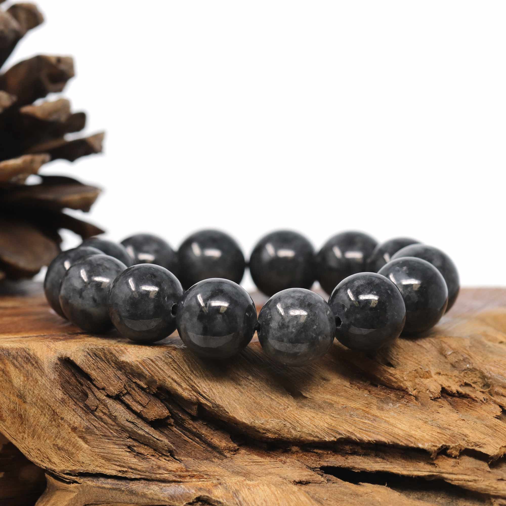 Baikalla Jewelry jade beads bracelet Baikalla WuJi "乌鸡" Black & Grey Jadeite Jade Large Round Beads Men's Bracelet (15 & 13mm)