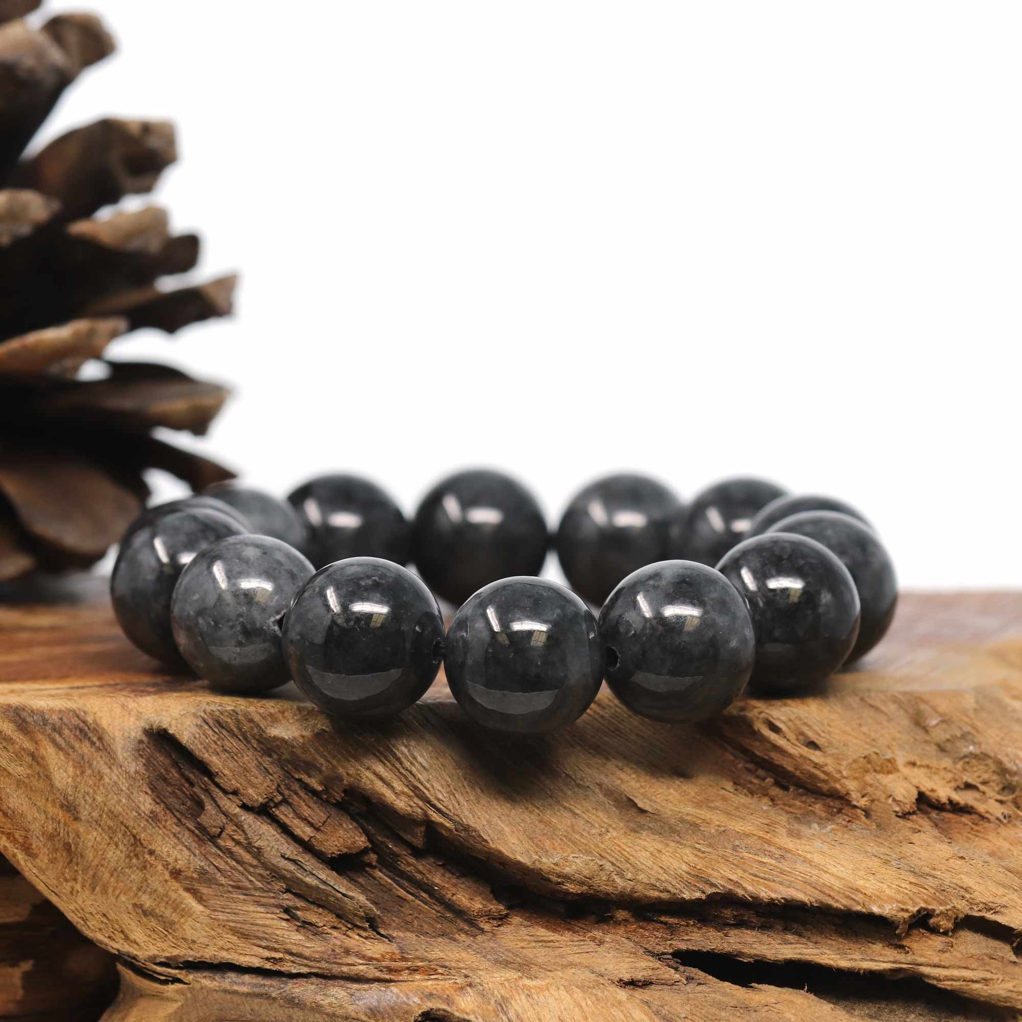 Baikalla Jewelry jade beads bracelet Baikalla WuJi "乌鸡" Black & Grey Jadeite Jade Large Round Beads Men's Bracelet (15 & 13mm)