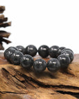 Baikalla Jewelry jade beads bracelet Baikalla WuJi "乌鸡" Black & Grey Jadeite Jade Large Round Beads Men's Bracelet (15 & 13mm)