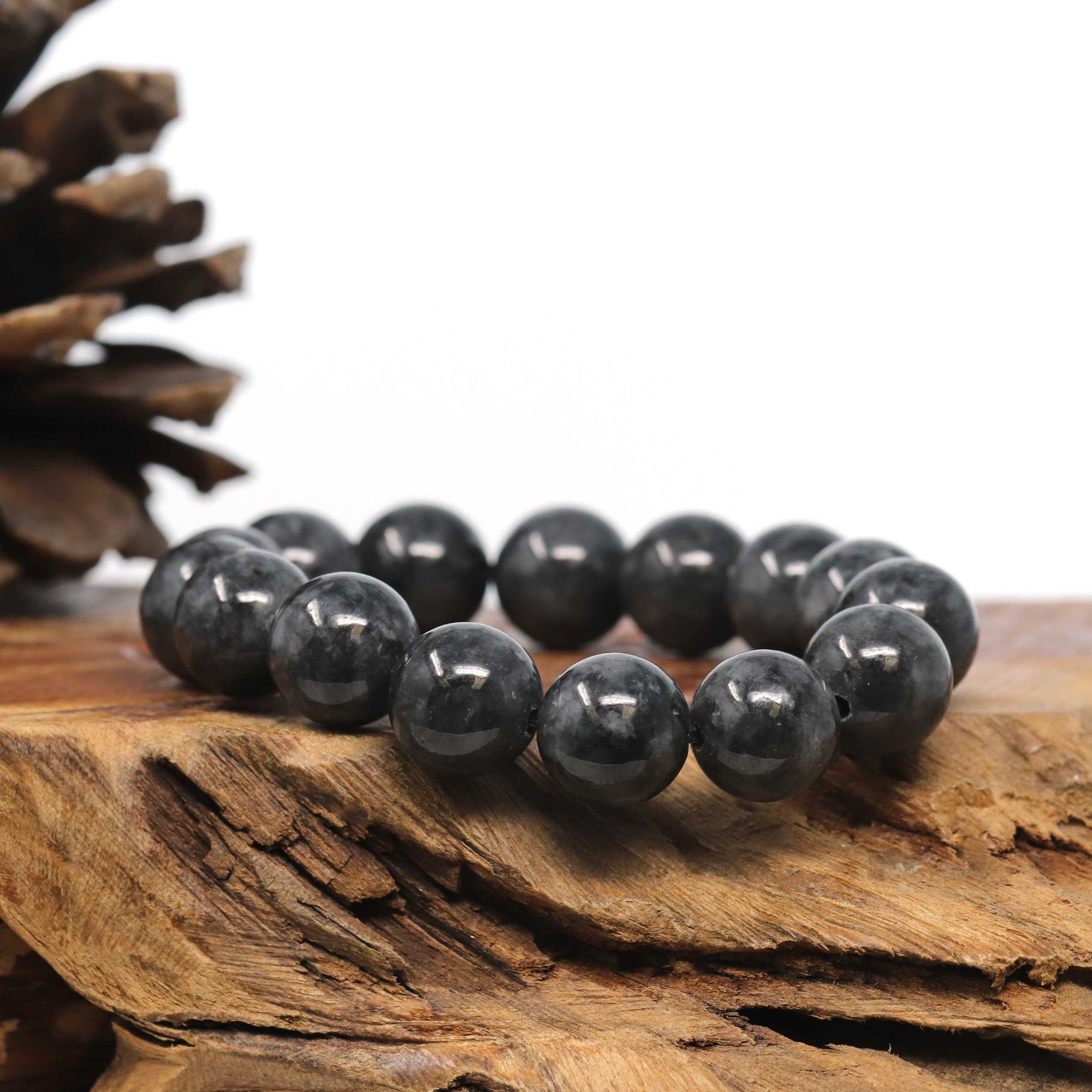 Baikalla Jewelry jade beads bracelet Baikalla WuJi "乌鸡" Black & Grey Jadeite Jade Large Round Beads Men's Bracelet (15 & 13mm)