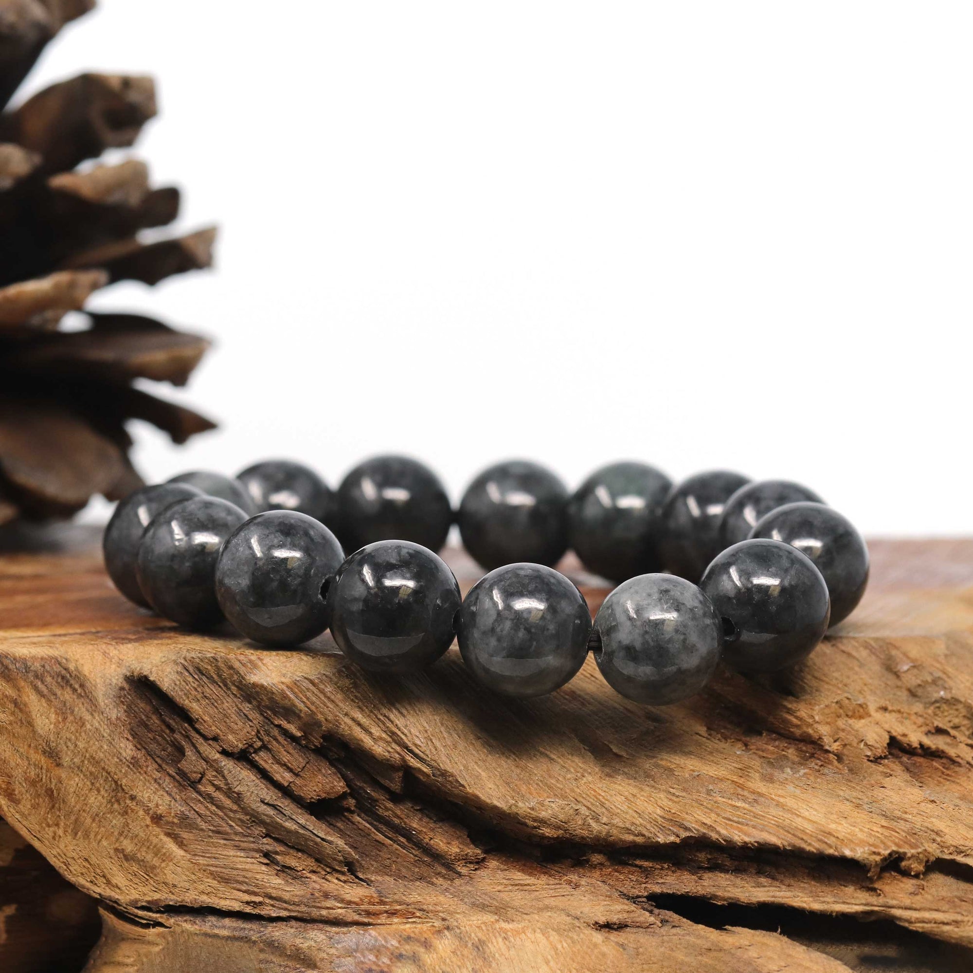 Baikalla Jewelry jade beads bracelet Baikalla WuJi &quot;乌鸡&quot; Black &amp; Grey Jadeite Jade Large Round Beads Men&#39;s Bracelet (15 &amp; 13mm)