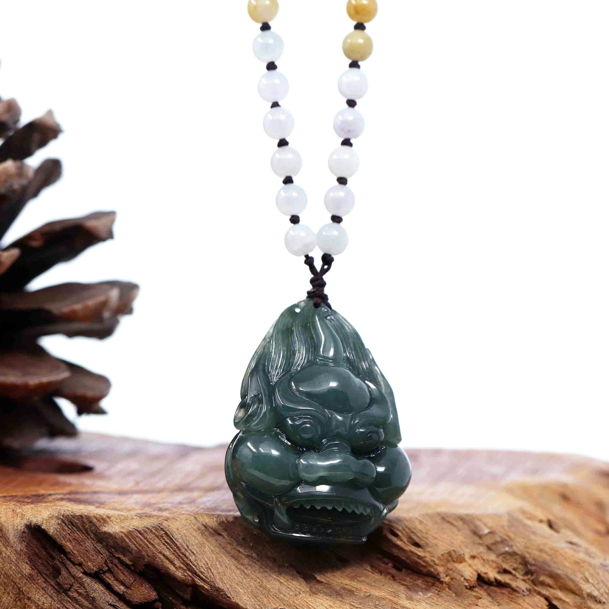 Baikalla Jewelry Jade Carving Necklace Baikalla™ "Fu Dog" (Guardian Lion) Natural Blue Green Jadeite Jade Necklace Collectibles